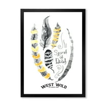 Designart 'Yellow Ethnic Plume Feathers On White' Bohemian & Eclectic Framed Art Print