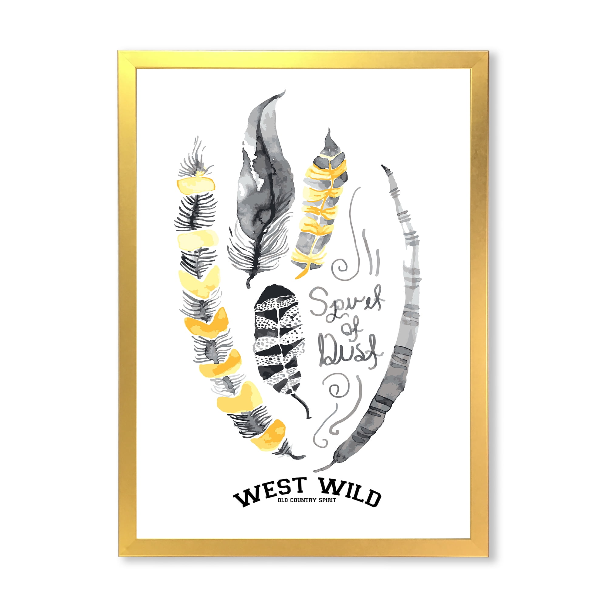 Designart 'Yellow Ethnic Plume Feathers On White' Bohemian & Eclectic Framed Art Print