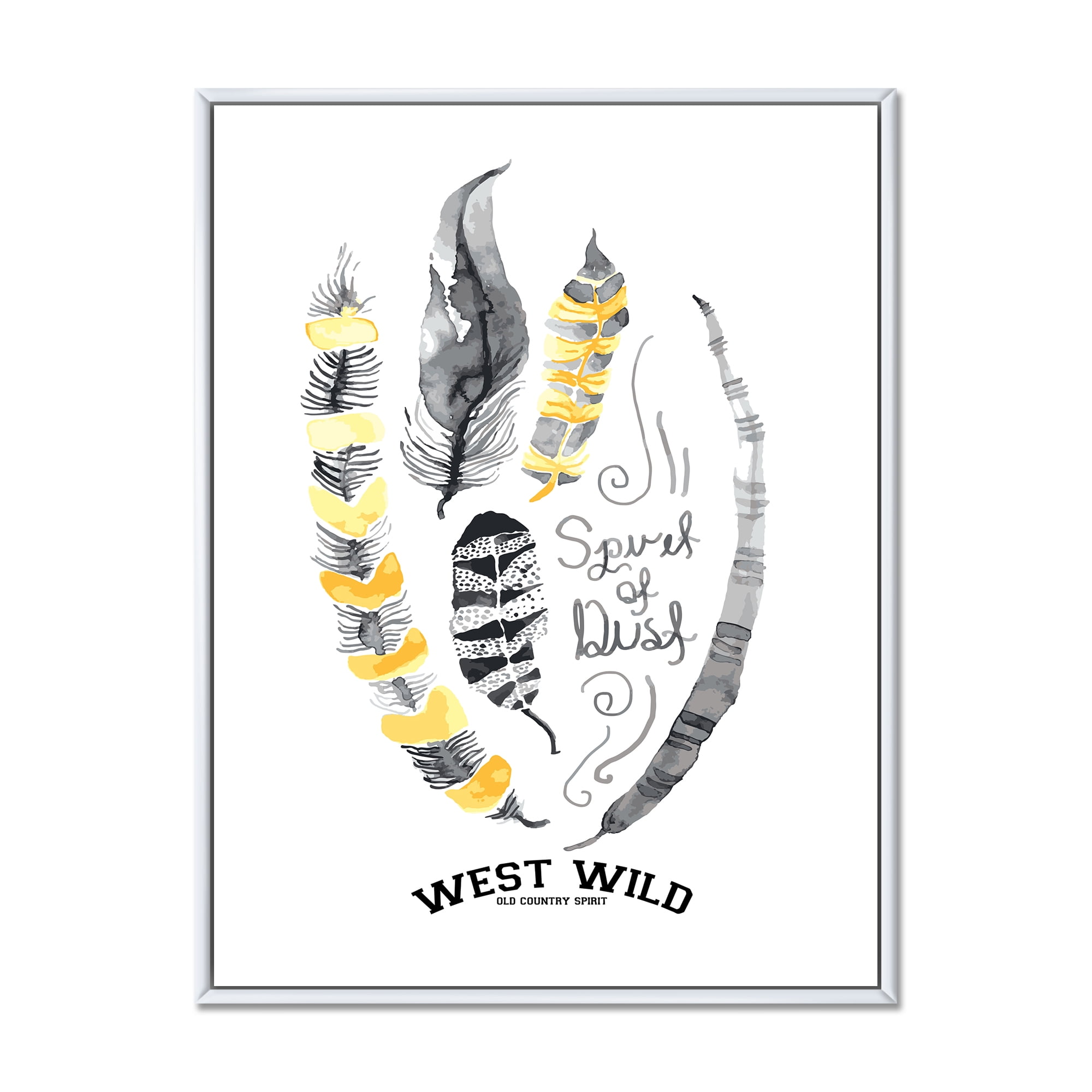 Designart 'Yellow Ethnic Plume Feathers On White' Bohemian & Eclectic Framed Canvas Wall Art Print