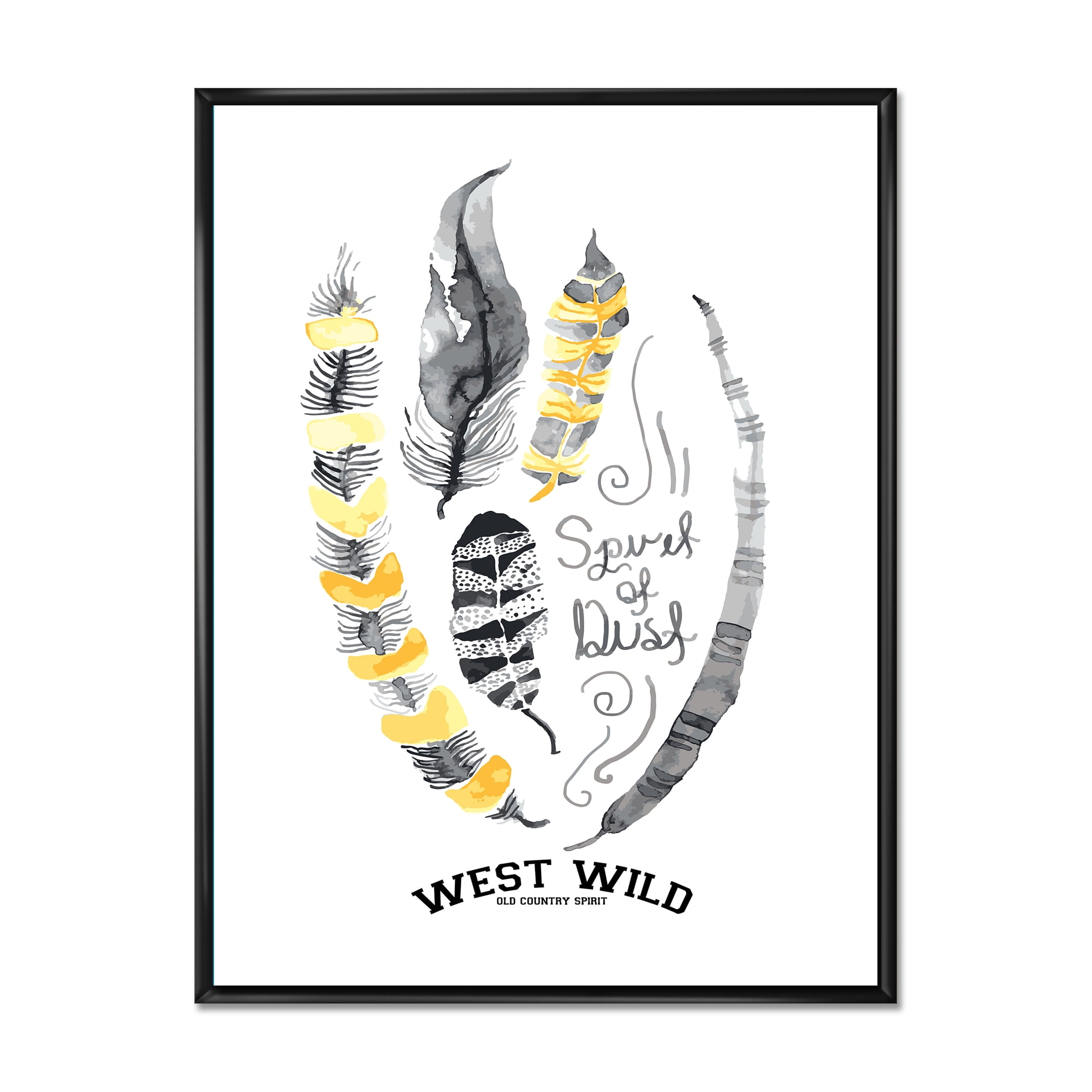 Designart 'Yellow Ethnic Plume Feathers On White' Bohemian & Eclectic Framed Canvas Wall Art Print