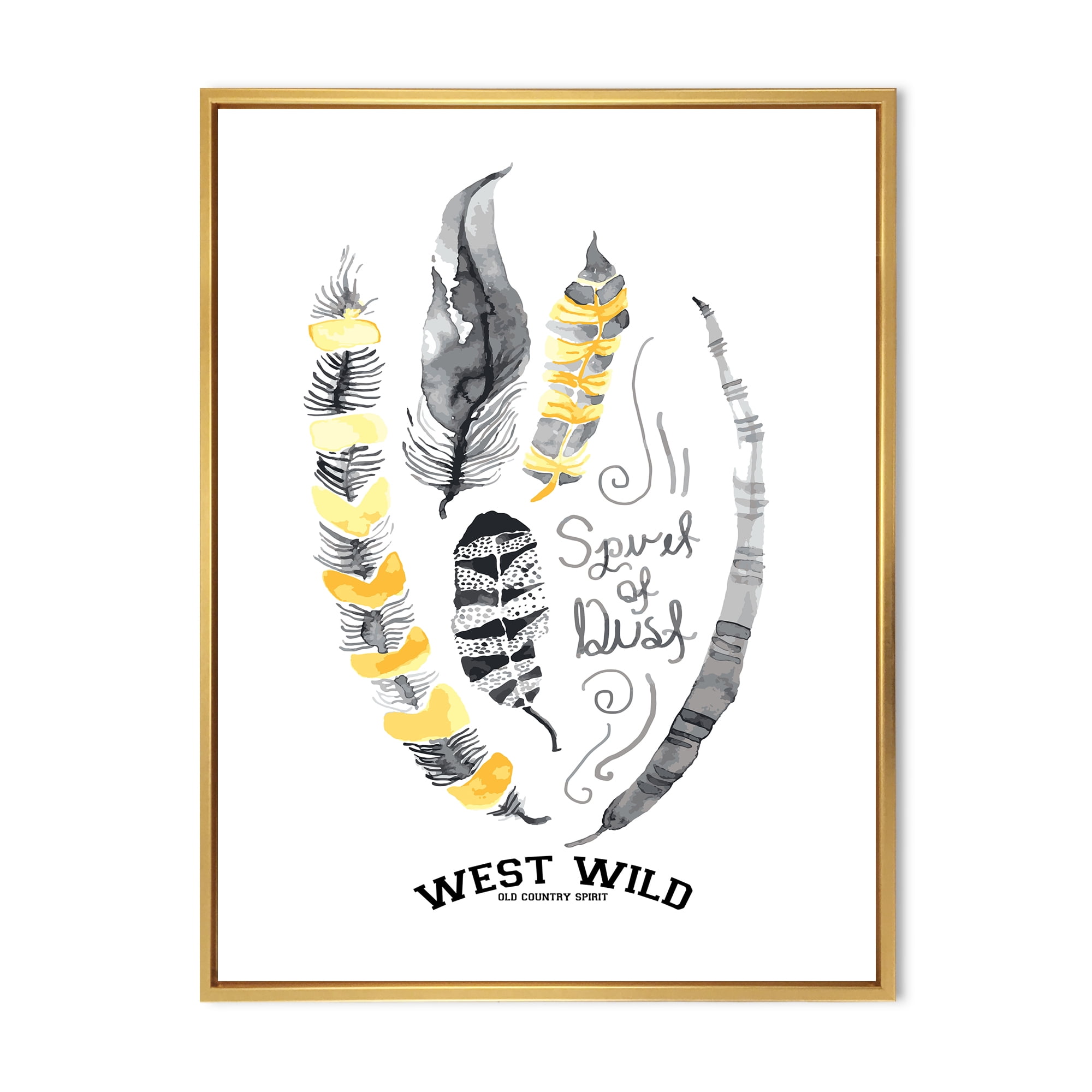 Designart 'Yellow Ethnic Plume Feathers On White' Bohemian & Eclectic Framed Canvas Wall Art Print