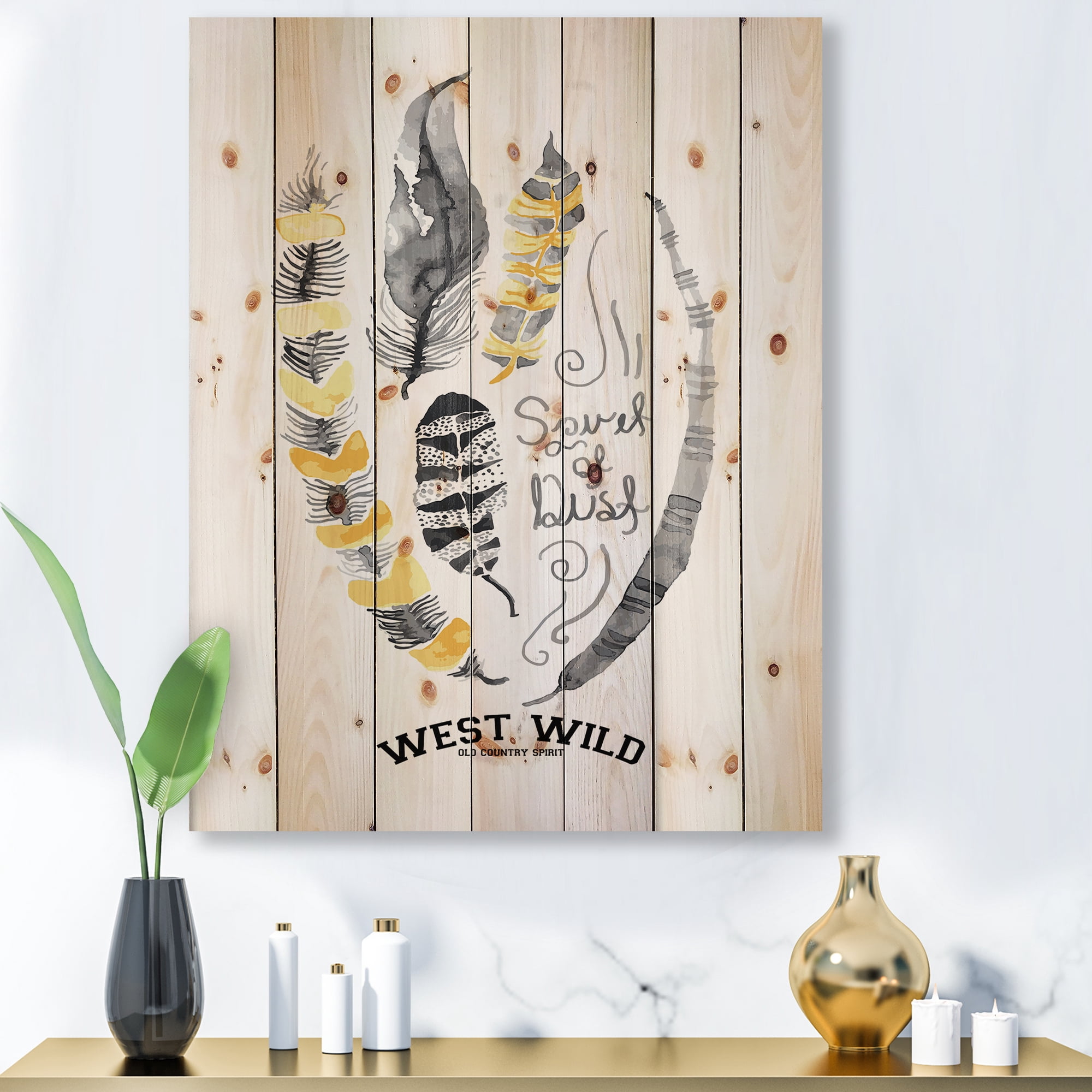 Designart 'Yellow Ethnic Plume Feathers On White' Bohemian & Eclectic Print on Natural Pine Wood