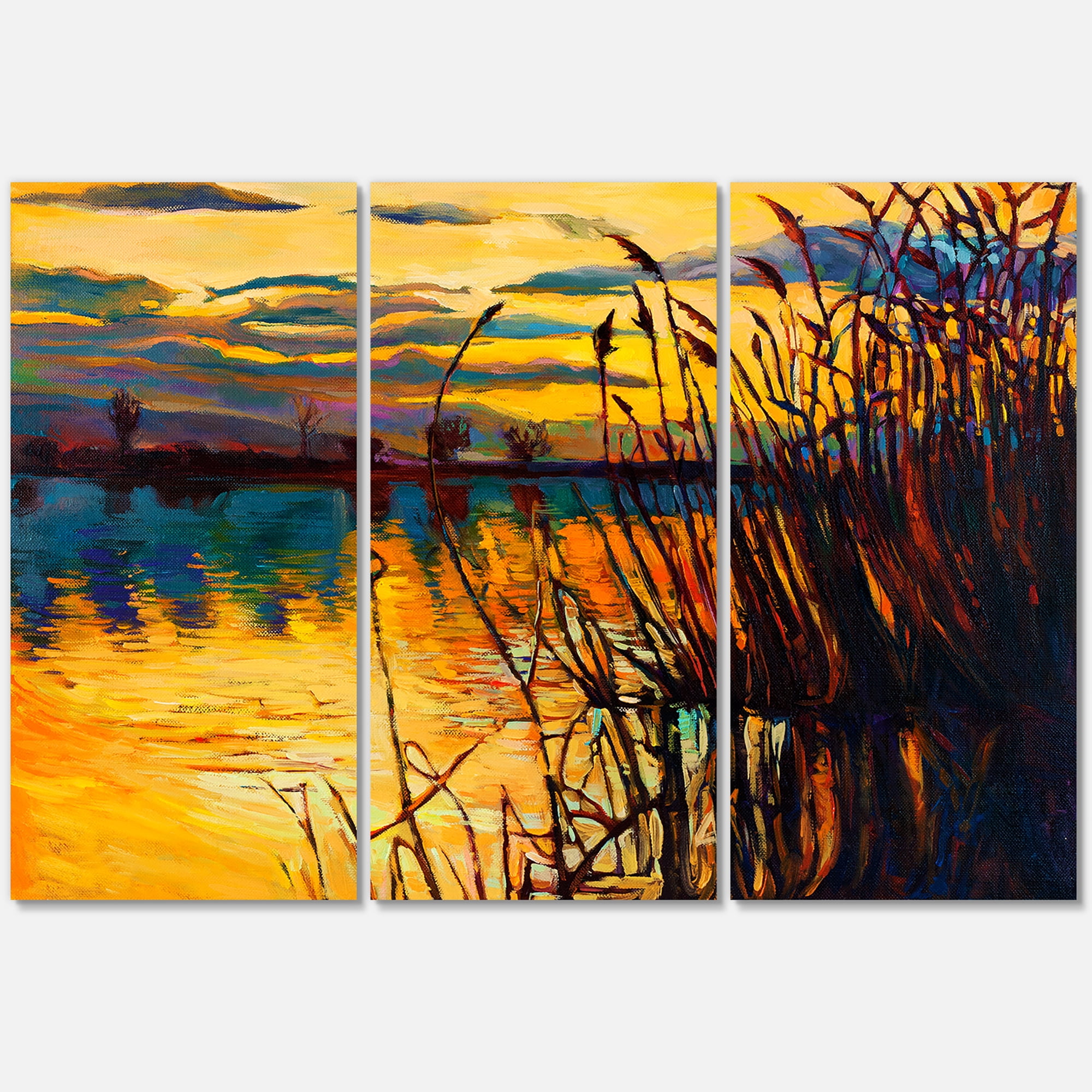 Designart ' Yellow Evening Glow Through The High Grass By The Lake ' Nautical & Coastal Canvas Wall Art Print