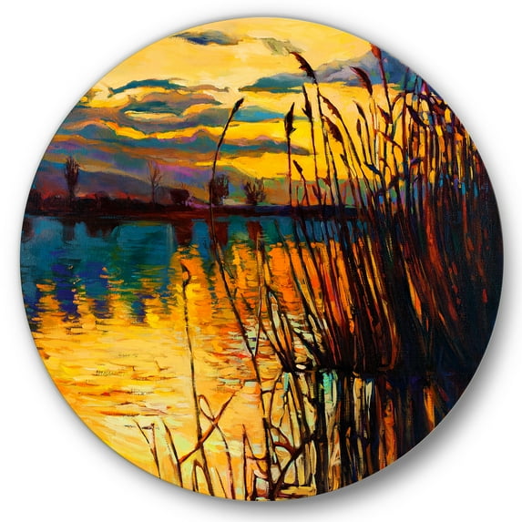 Designart 'Yellow Evening Glow Through The High Grass By The Lake' Nautical & Coastal Circle Metal Wall Art 23x23 - Disc of 23