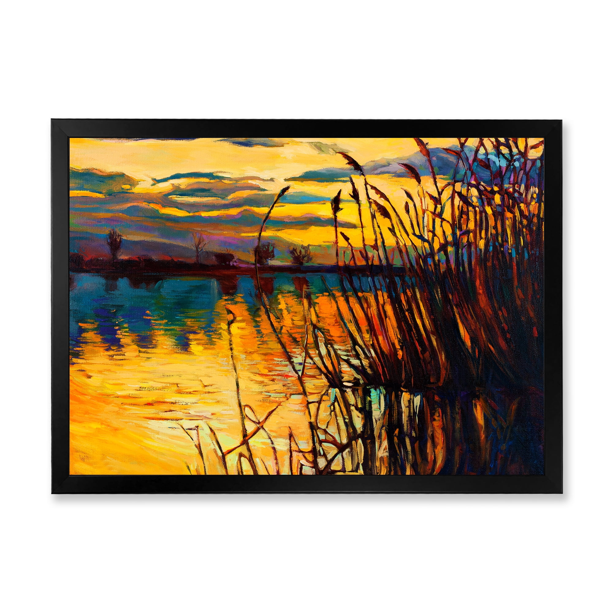 Designart 'Yellow Evening Glow Through The High Grass By The Lake' Nautical & Coastal Framed Art Print