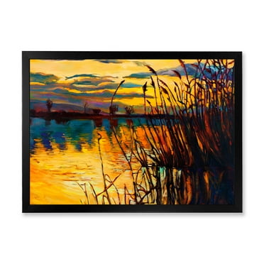 Designart 'Yellow Evening Glow Through The High Grass By The Lake' Nautical & Coastal Framed Art Print