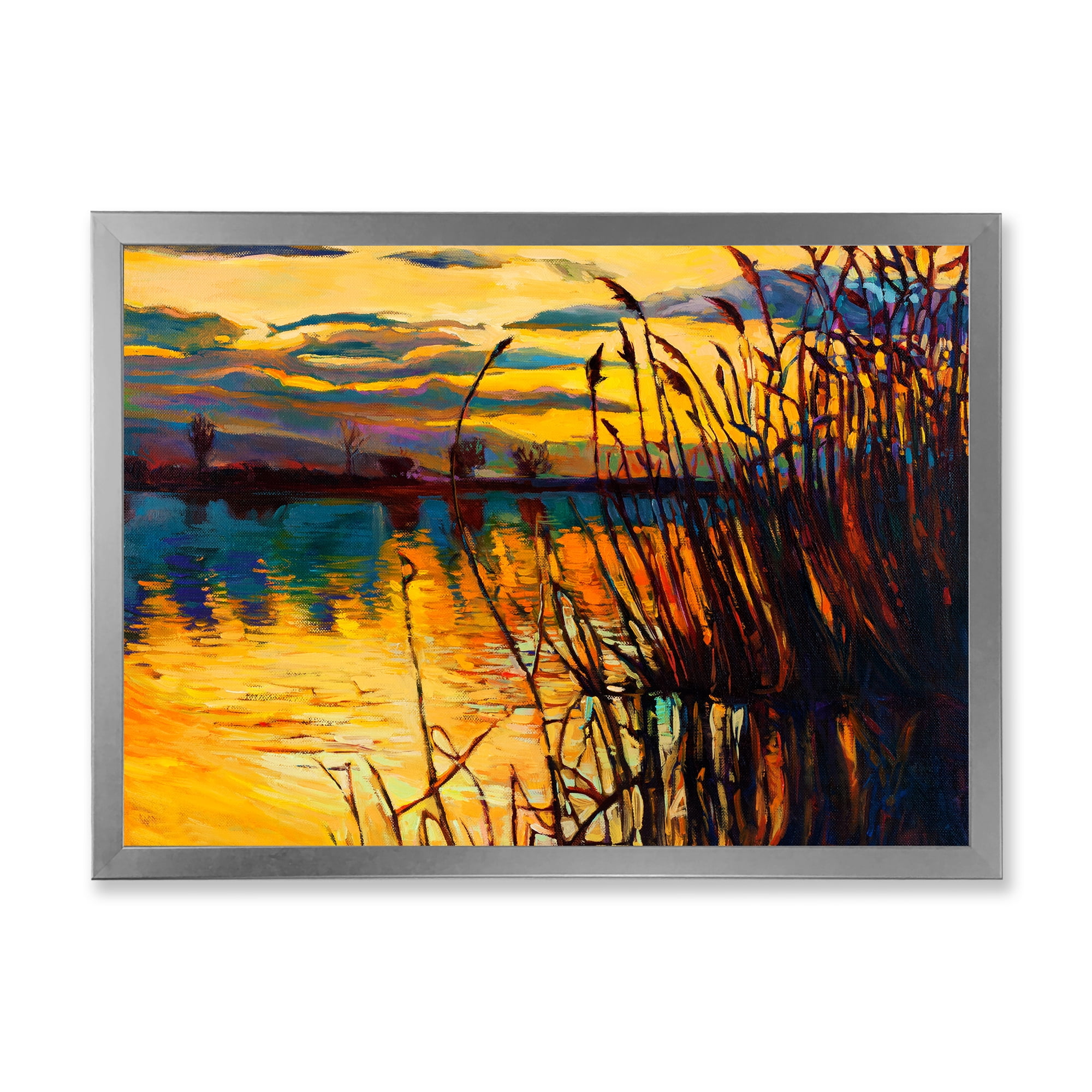 Designart 'Yellow Evening Glow Through The High Grass By The Lake' Nautical & Coastal Framed Art Print