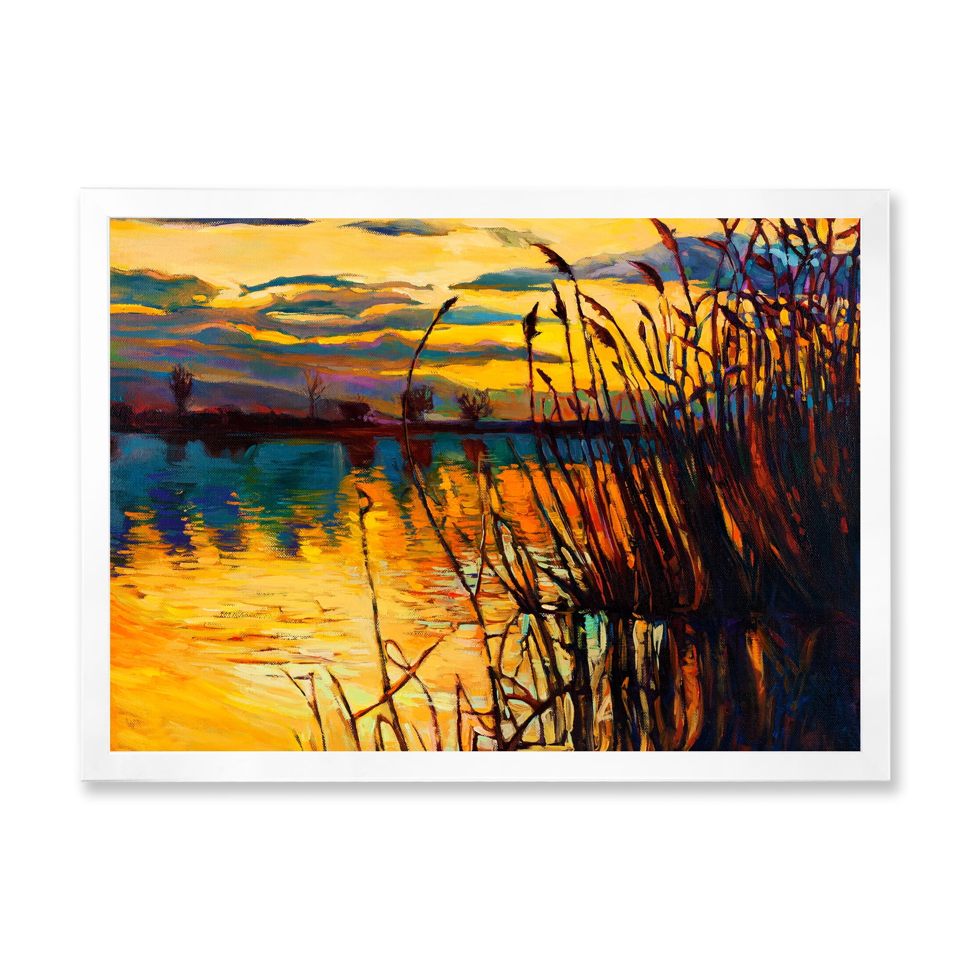 Designart 'Yellow Evening Glow Through The High Grass By The Lake' Nautical & Coastal Framed Art Print