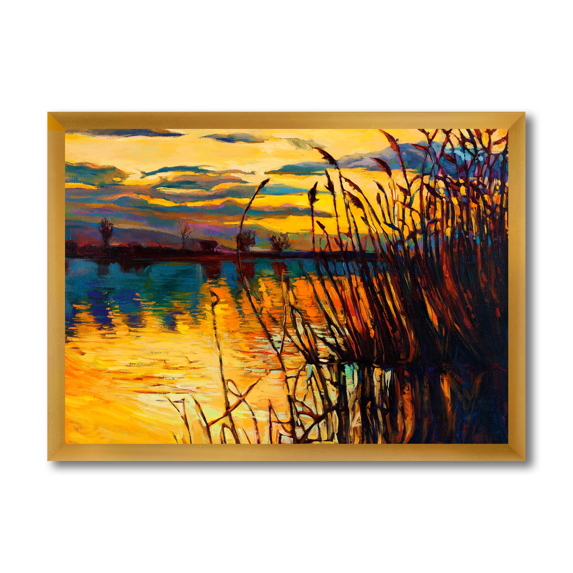 Designart 'Yellow Evening Glow Through The High Grass By The Lake' Nautical & Coastal Framed Art Print