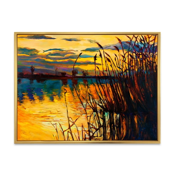 Designart 'Yellow Evening Glow Through The High Grass By The Lake' Nautical & Coastal Framed Canvas Wall Art Print