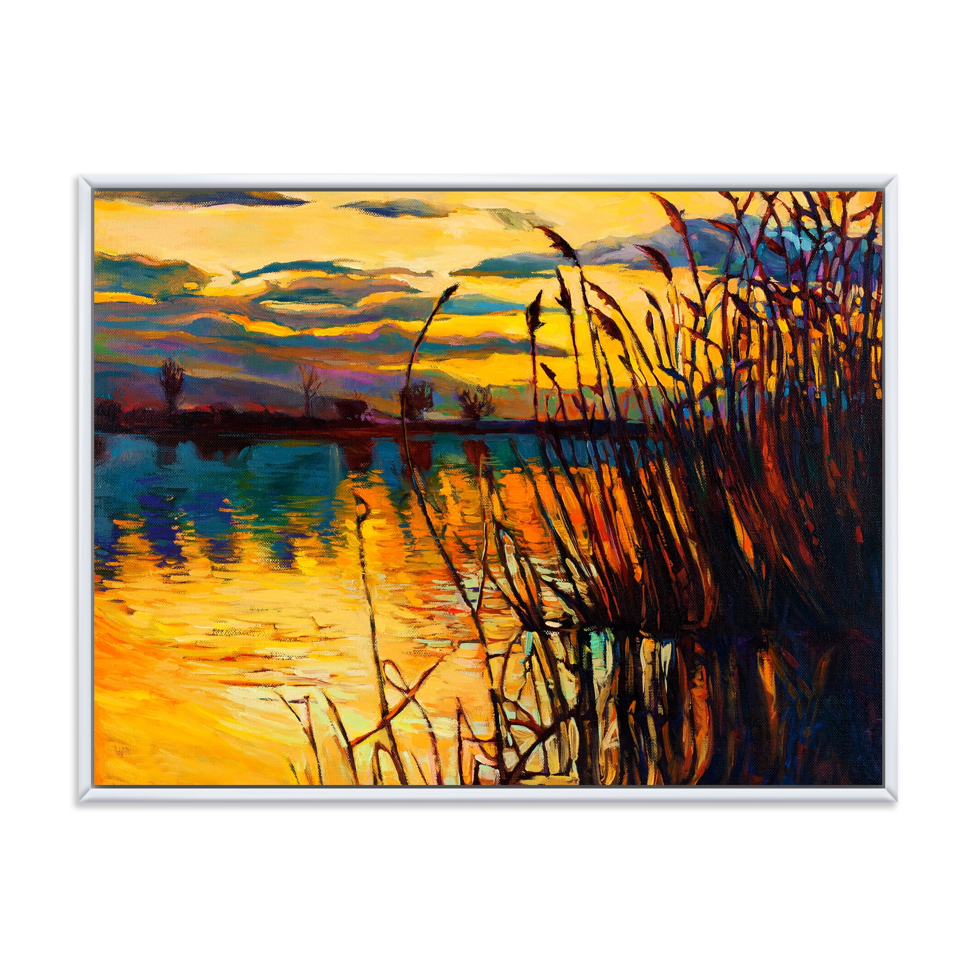Designart 'Yellow Evening Glow Through The High Grass By The Lake' Nautical & Coastal Framed Canvas Wall Art Print