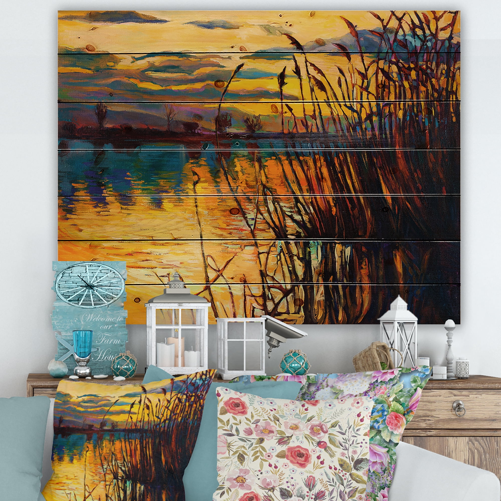 Designart 'Yellow Evening Glow Through The High Grass By The Lake' Nautical & Coastal Print on Natural Pine Wood