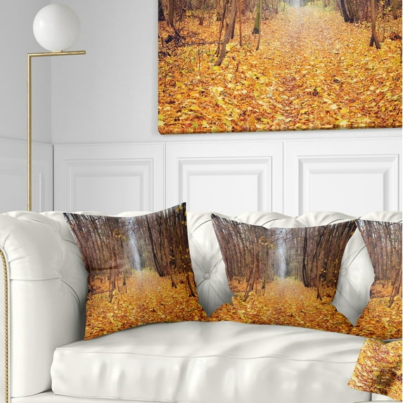 Designart Yellow Fallen Leaves in Morning - Landscape Photography Throw Pillow - 18x18