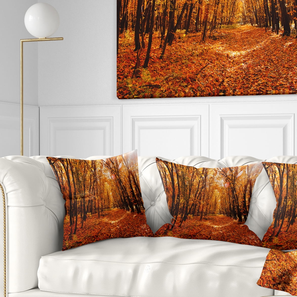 Designart Yellow Falling Leaves in Forest - Landscape Photo Throw Pillow - 18x18