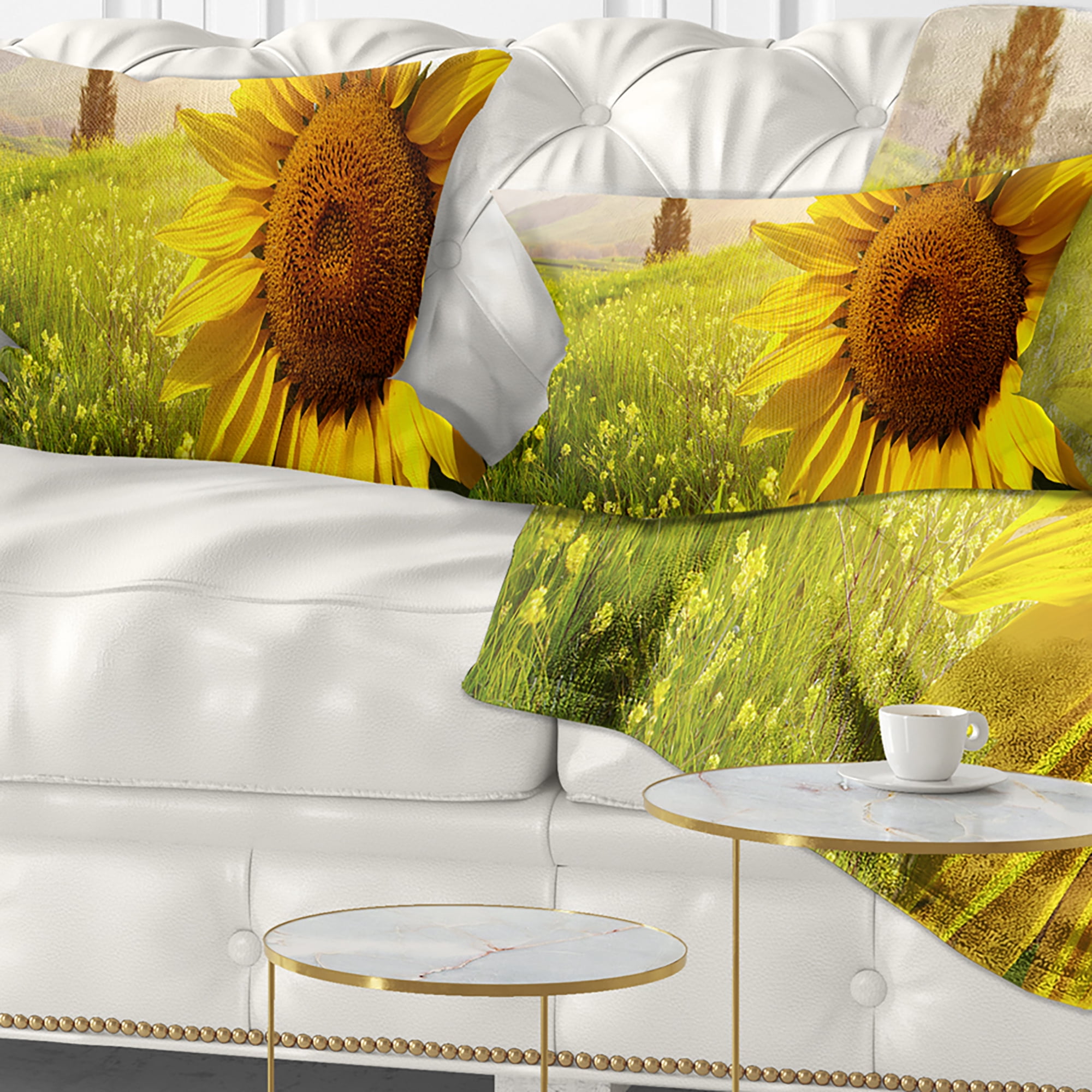 Designart Yellow Field with Big Sunflower - Landscape Printed Throw Pillow - 12x20