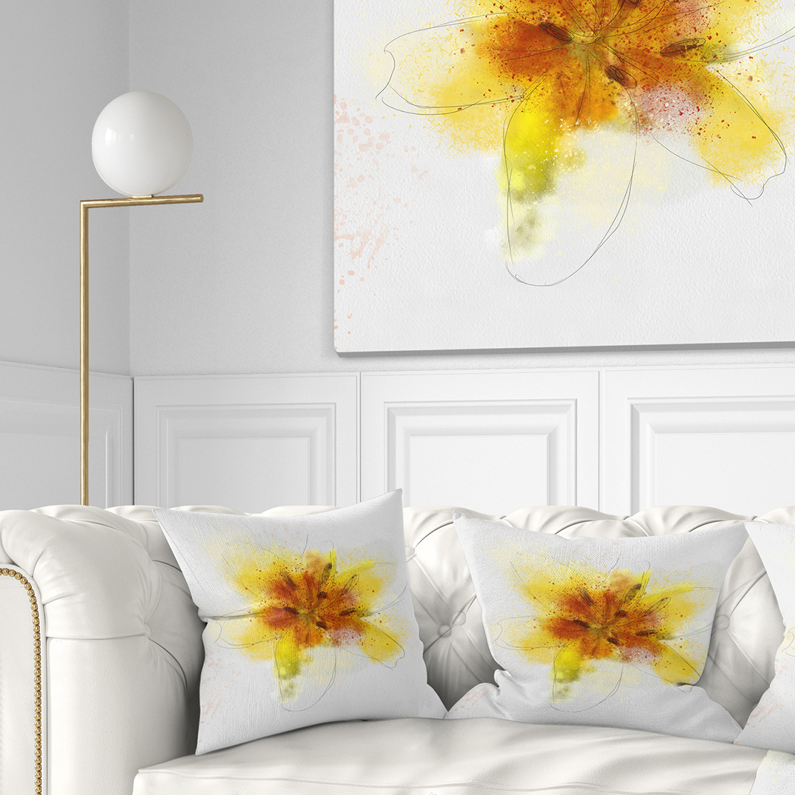 Designart Yellow Flower Sketch on White - Flower Throw Pillow - 18x18