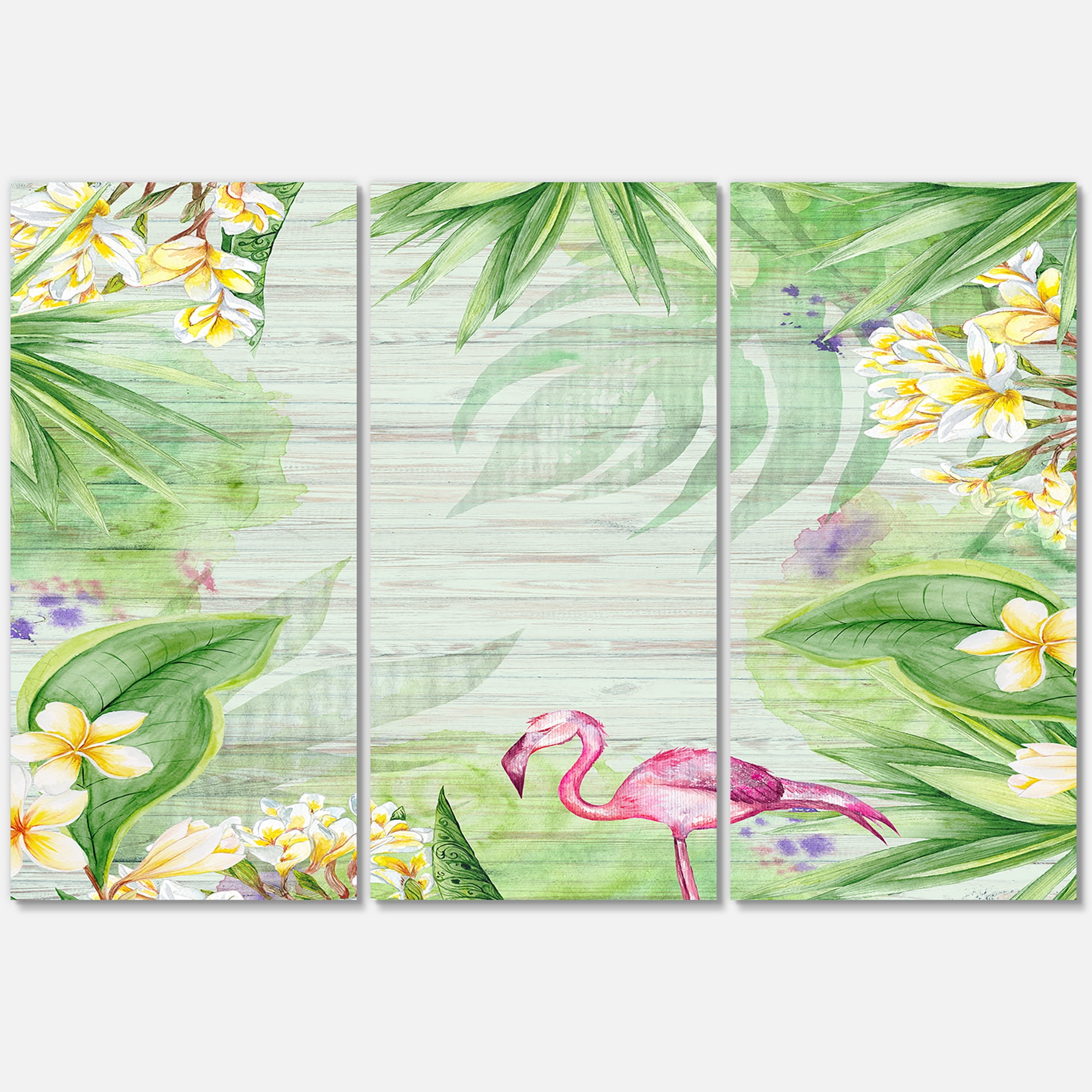 Designart ' Yellow Flowers, Tropical Foliage With Flamingo I ' Modern Canvas Wall Art Print