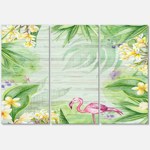 Designart ' Yellow Flowers, Tropical Foliage With Flamingo I ' Modern Canvas Wall Art Print