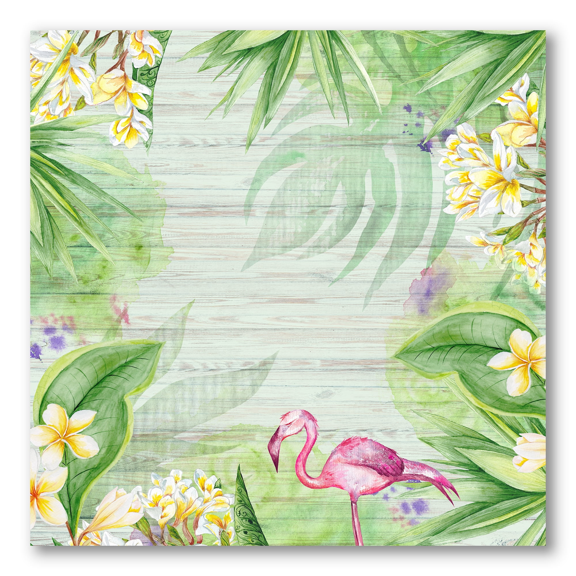 Designart ' Yellow Flowers, Tropical Foliage With Flamingo I ' Modern Canvas Wall Art Print