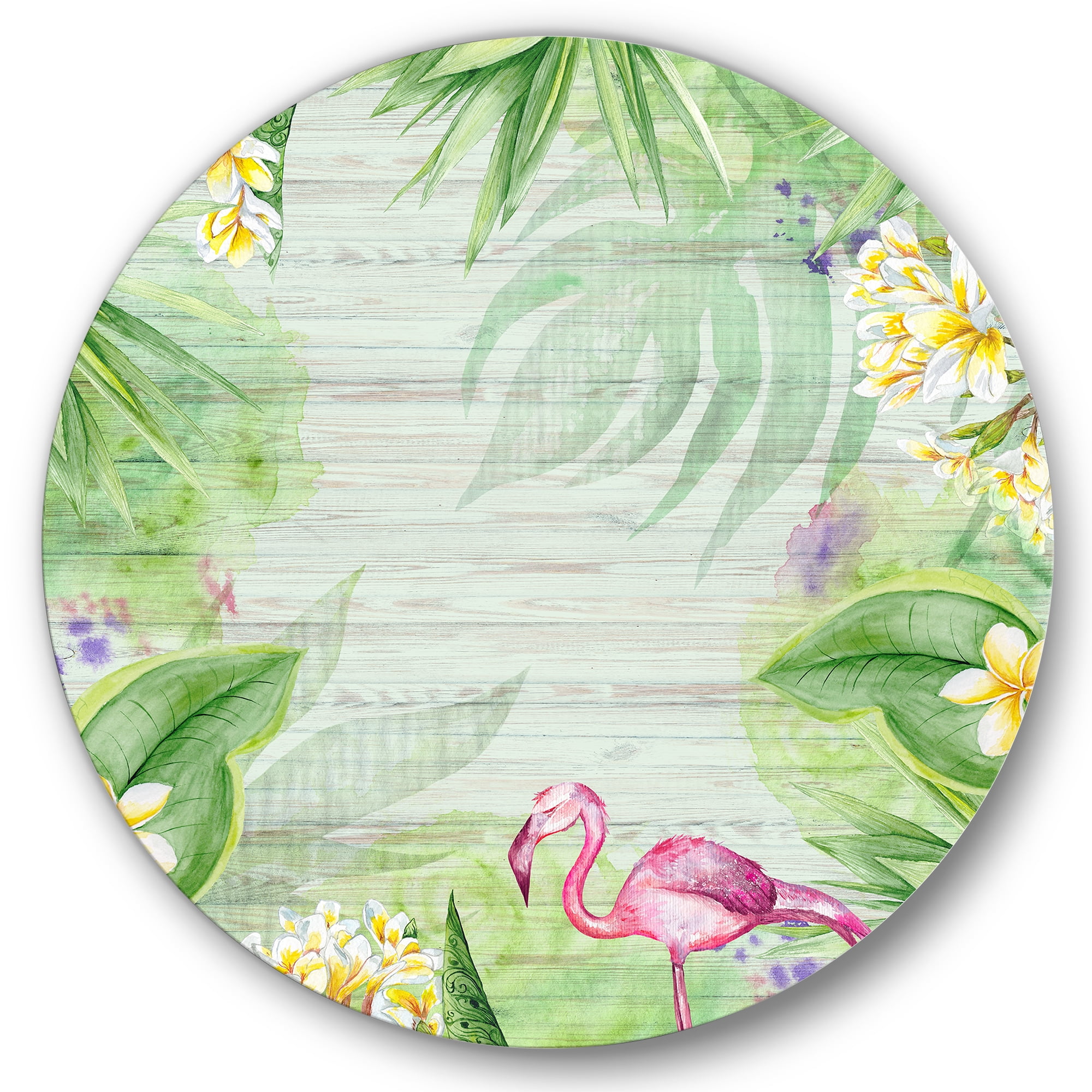 Designart 'Yellow Flowers, Tropical Foliage With Flamingo I' Modern Circle Metal Wall Art 36x36 - Disc of 36