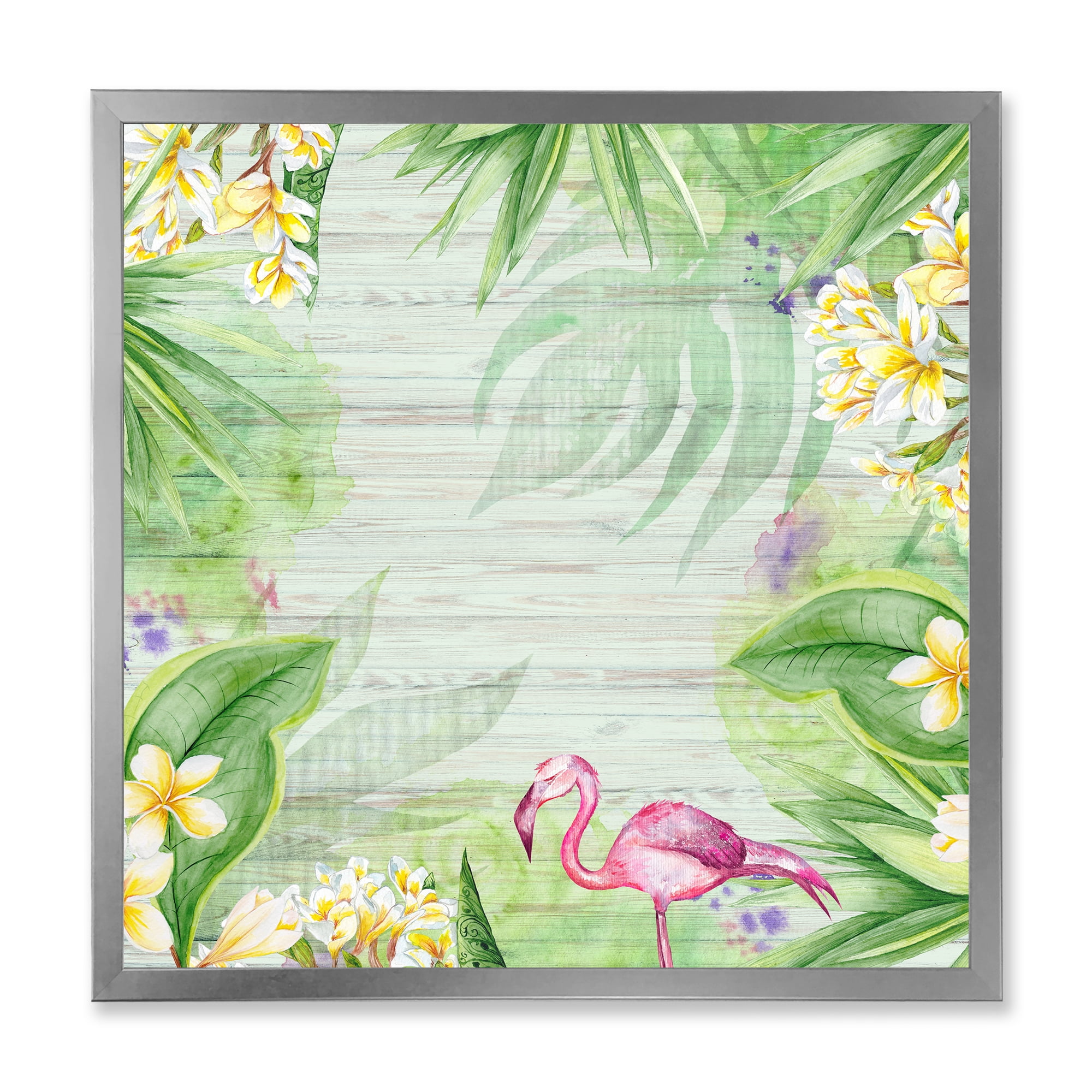 Designart 'Yellow Flowers, Tropical Foliage With Flamingo I' Modern Framed Art Print