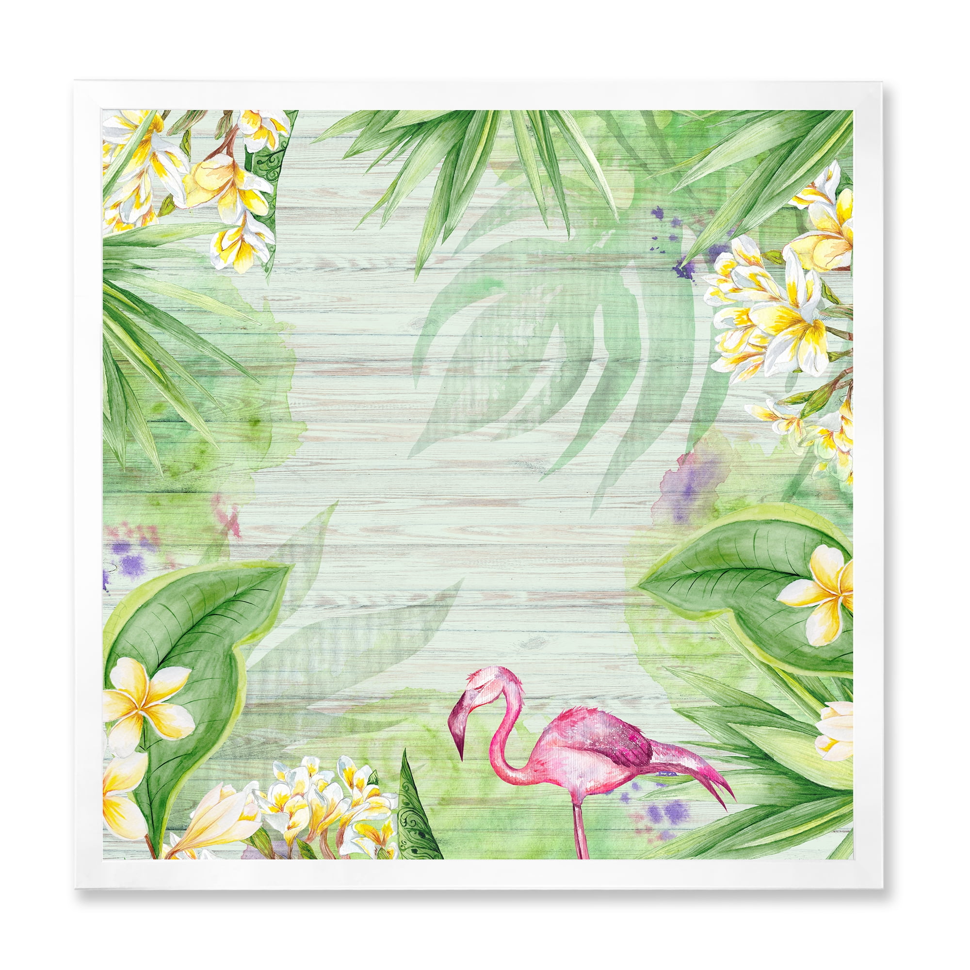 Designart 'Yellow Flowers, Tropical Foliage With Flamingo I' Modern Framed Art Print