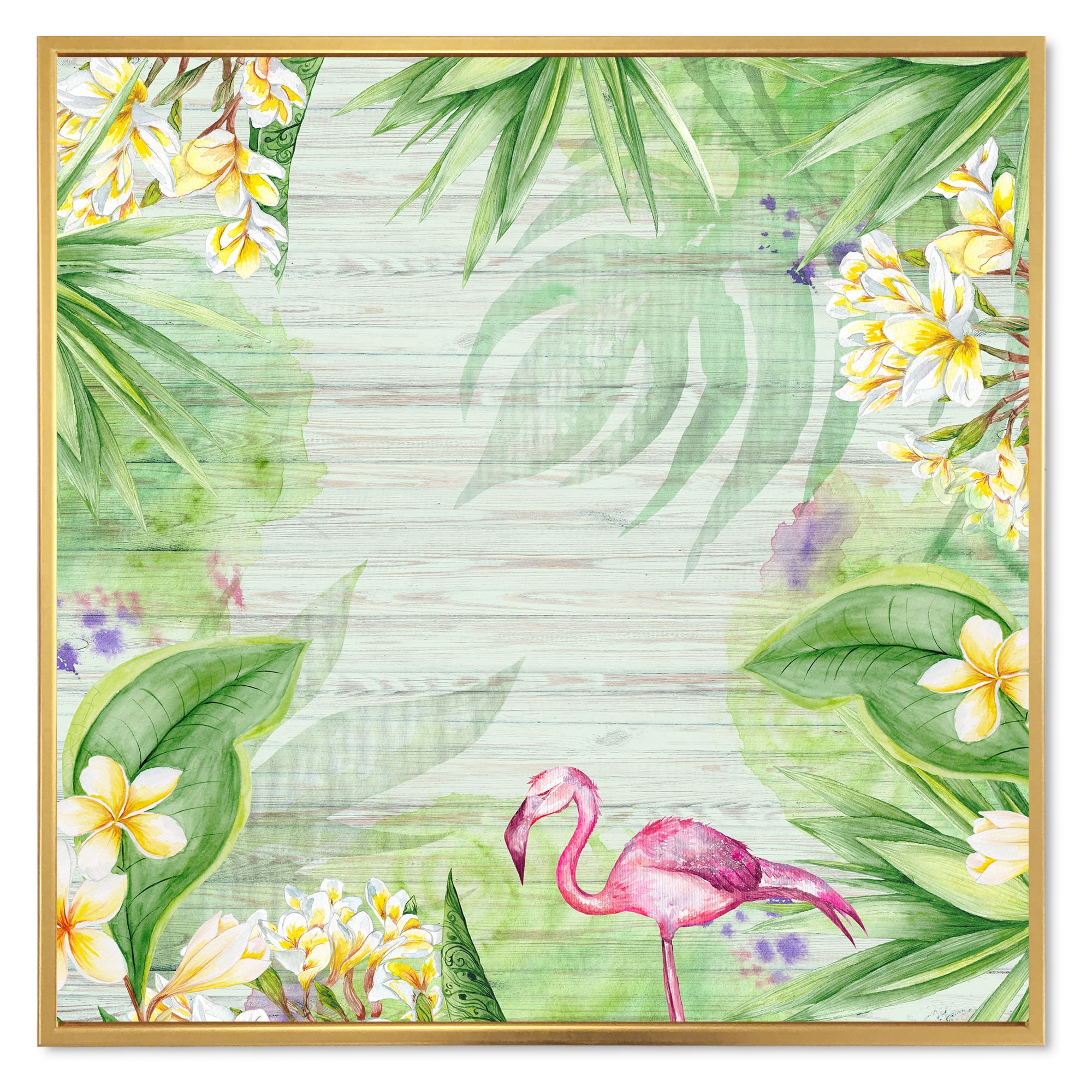 Designart 'Yellow Flowers, Tropical Foliage With Flamingo I' Modern Framed Canvas Wall Art Print