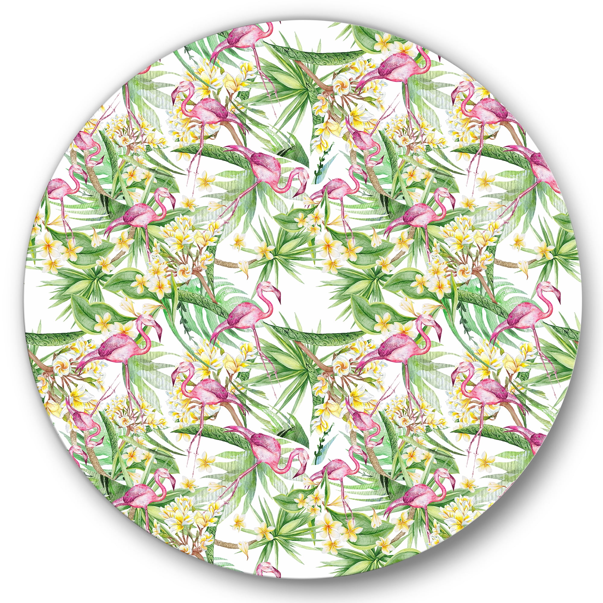 Designart 'Yellow Flowers, Tropical Foliage With Flamingo II' Modern Circle Metal Wall Art 36x36 - Disc of 36