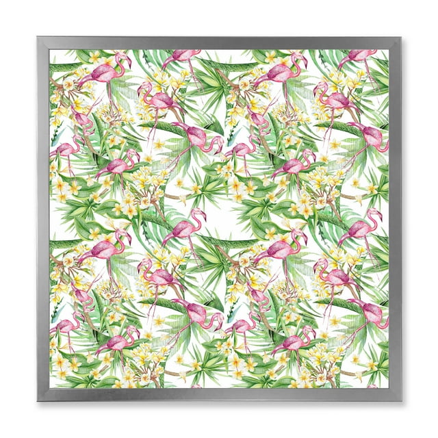 Designart 'Yellow Flowers, Tropical Foliage With Flamingo II' Modern Framed Art Print