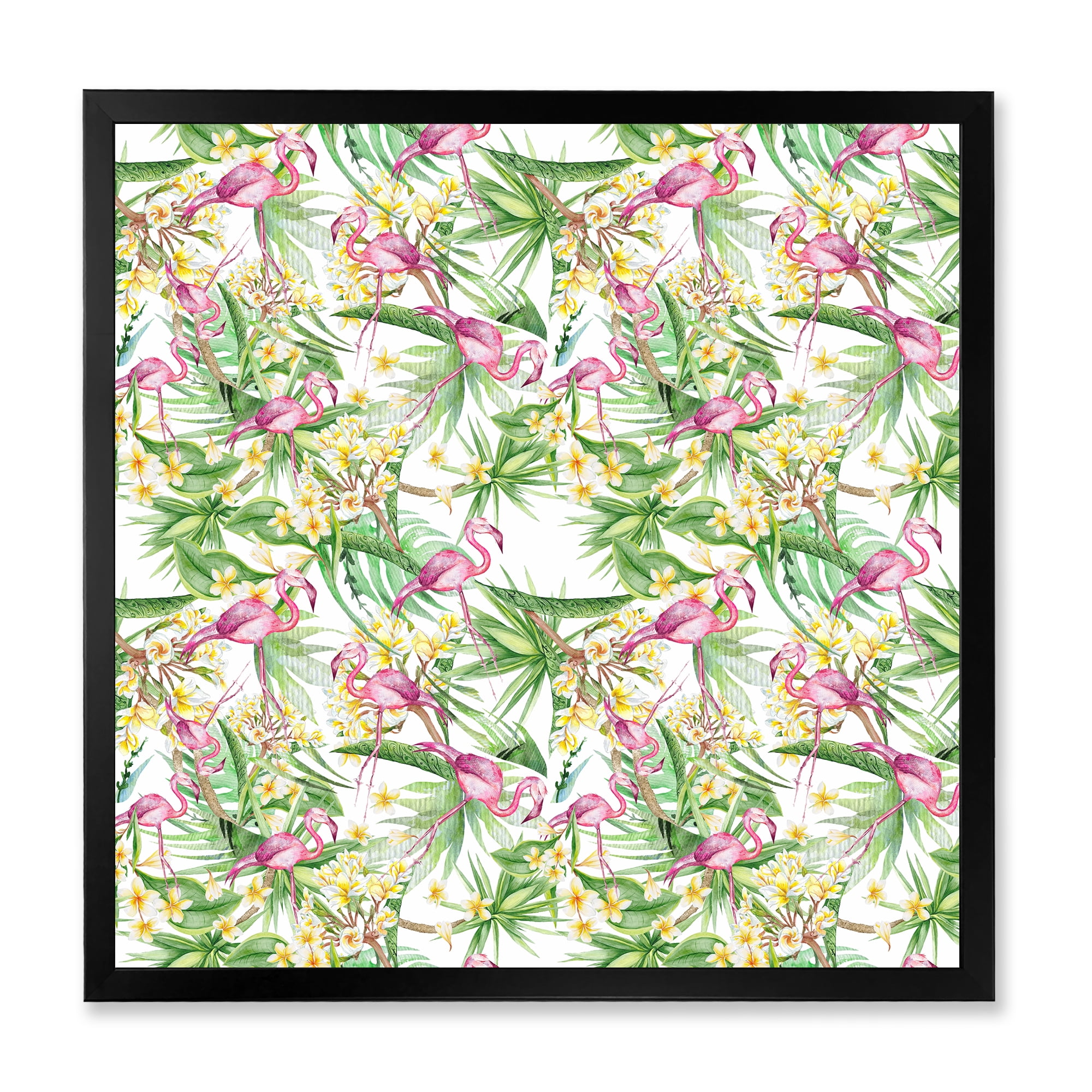 Designart 'Yellow Flowers, Tropical Foliage With Flamingo II' Modern Framed Art Print