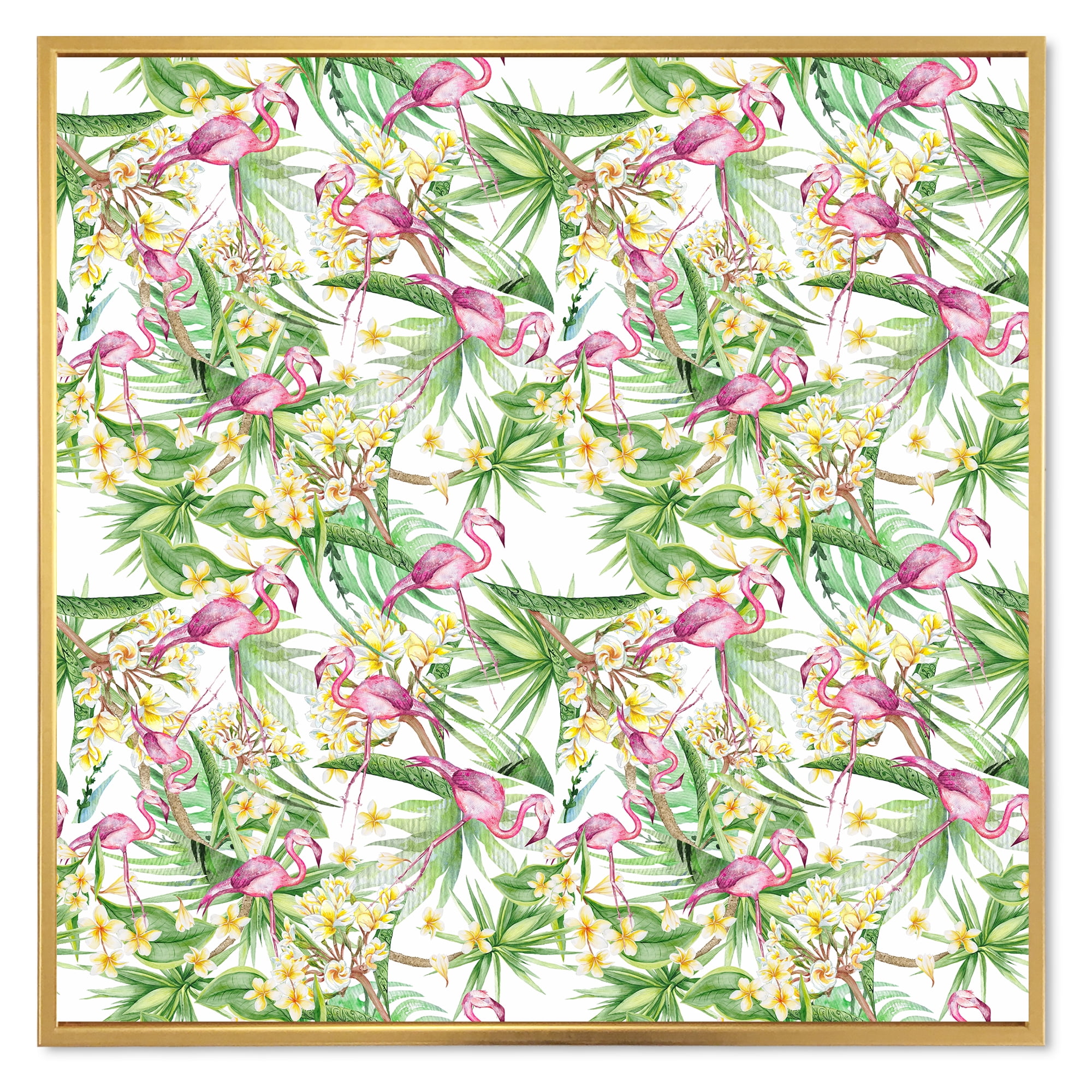 Designart 'Yellow Flowers, Tropical Foliage With Flamingo II' Modern Framed Canvas Wall Art Print