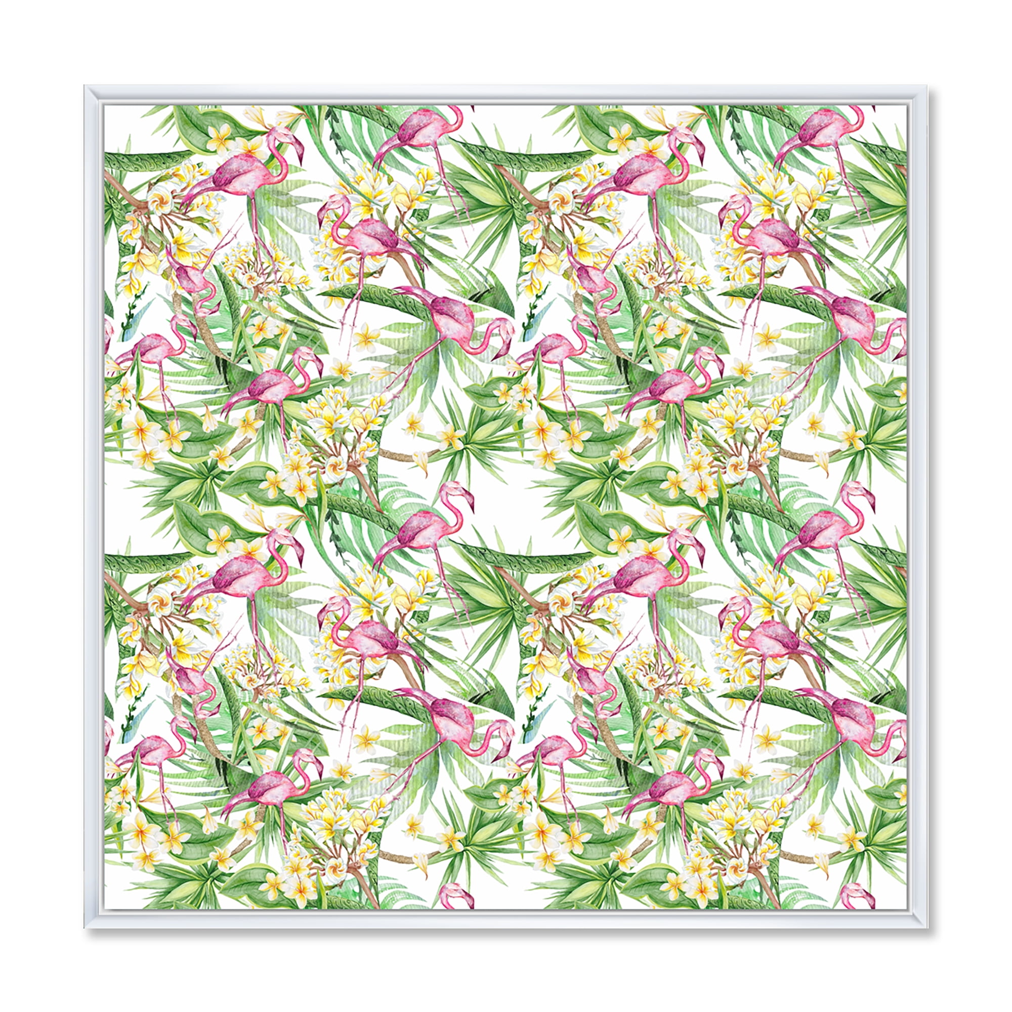 Designart 'Yellow Flowers, Tropical Foliage With Flamingo II' Modern Framed Canvas Wall Art Print