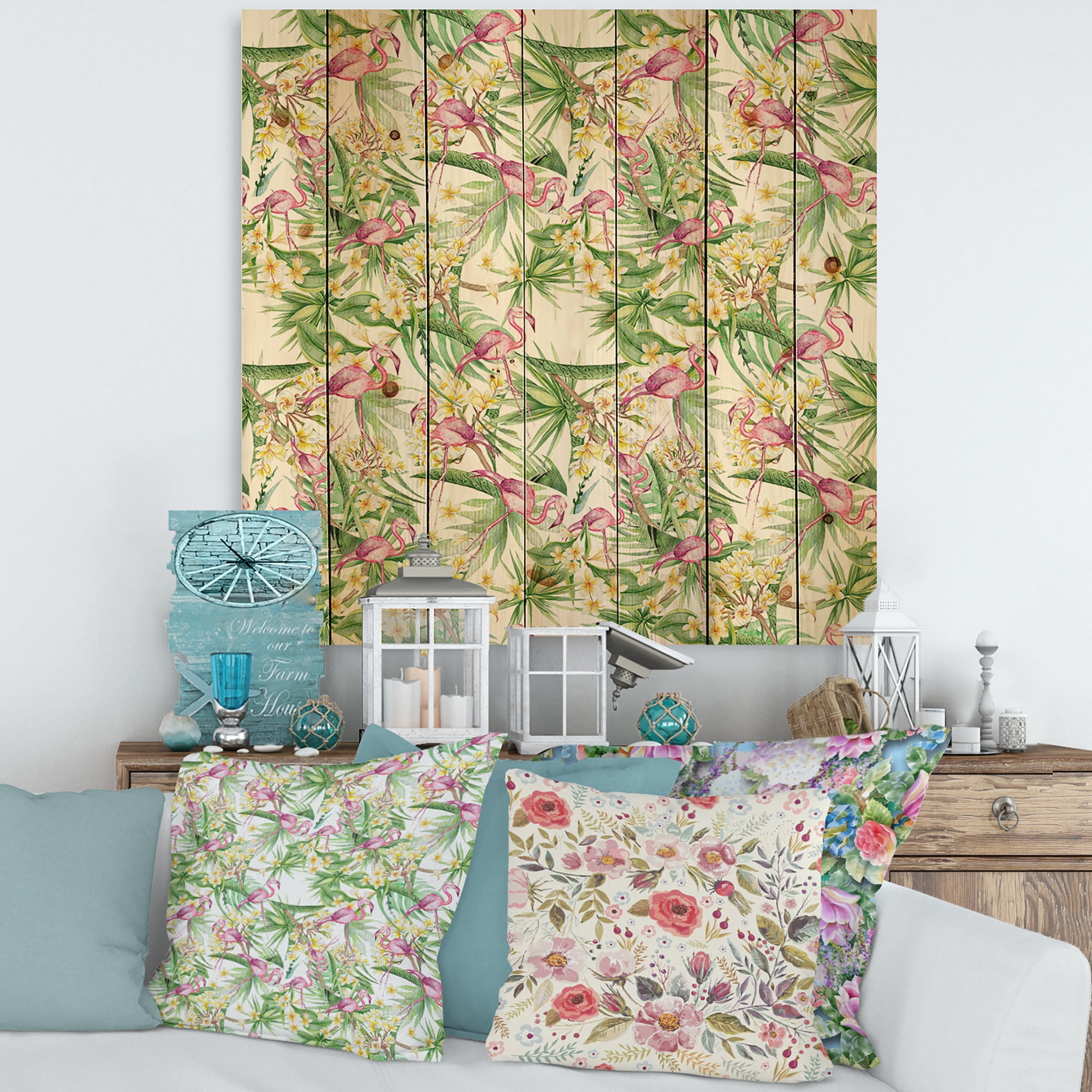 Designart 'Yellow Flowers, Tropical Foliage With Flamingo II' Modern Print on Natural Pine Wood