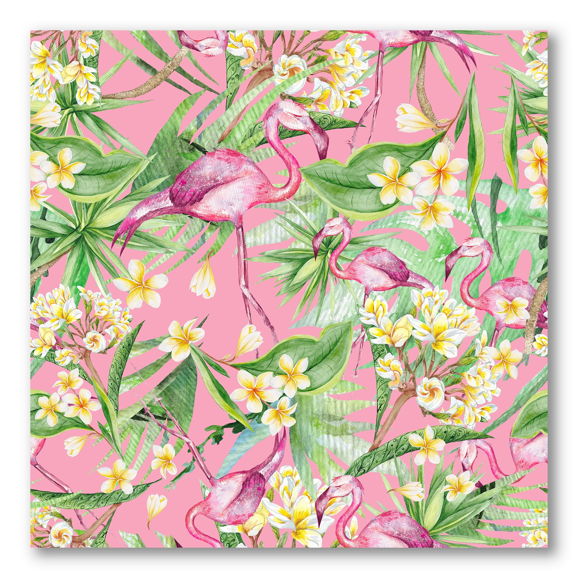 Designart ' Yellow Flowers, Tropical Foliage With Flamingo III ' Modern Canvas Wall Art Print