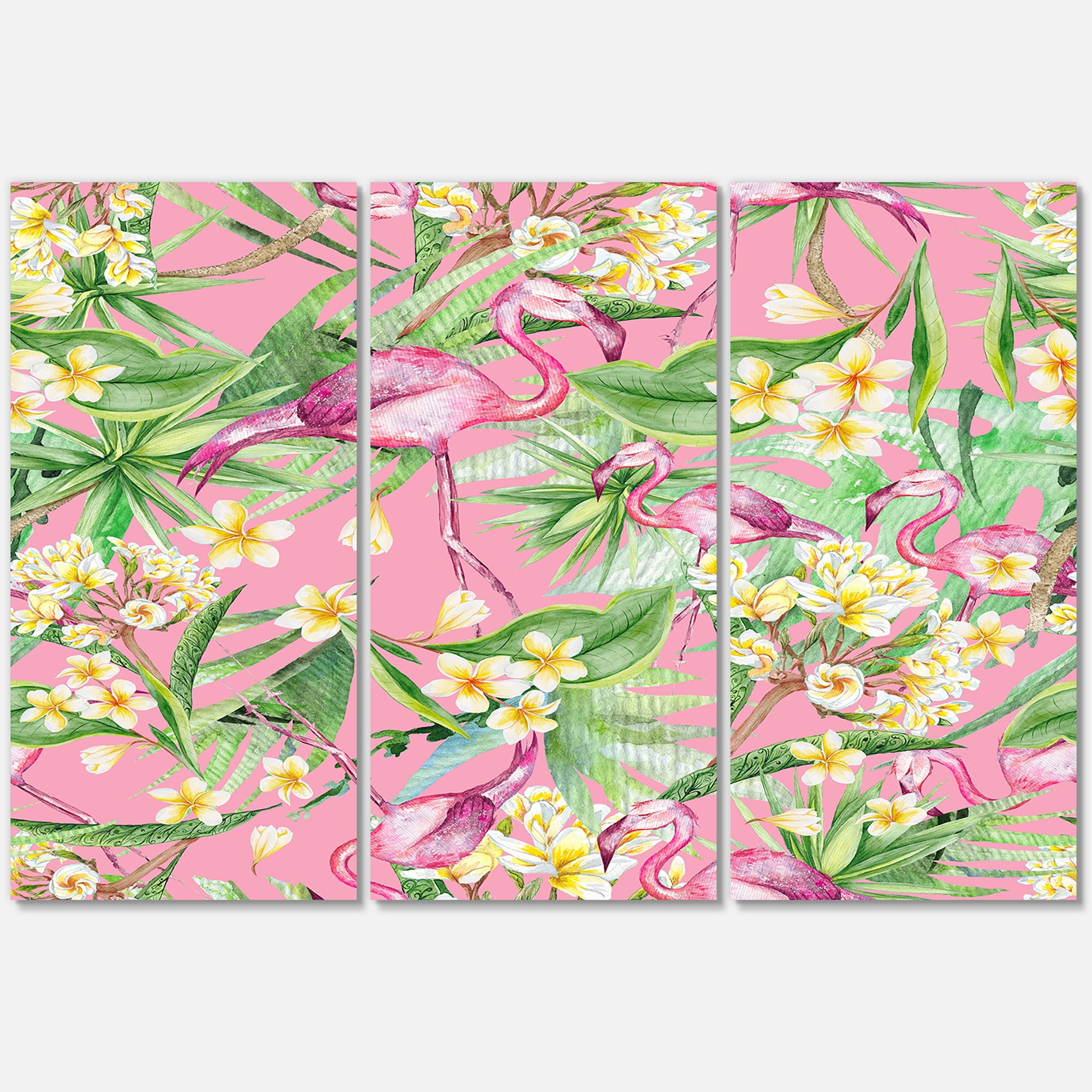 Designart ' Yellow Flowers, Tropical Foliage With Flamingo III ' Modern Canvas Wall Art Print