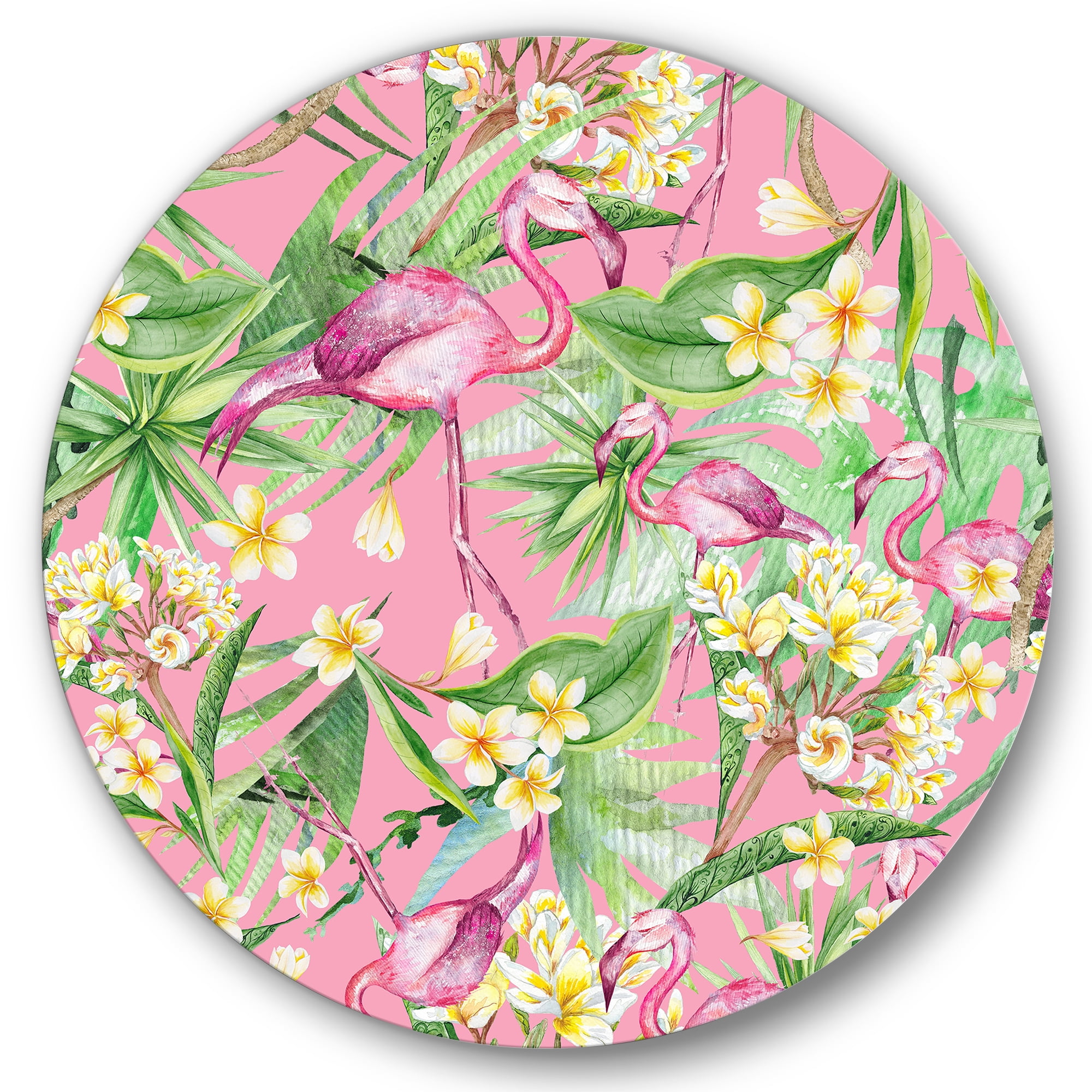 Designart 'Yellow Flowers, Tropical Foliage With Flamingo III' Modern Circle Metal Wall Art 23x23 - Disc of 23