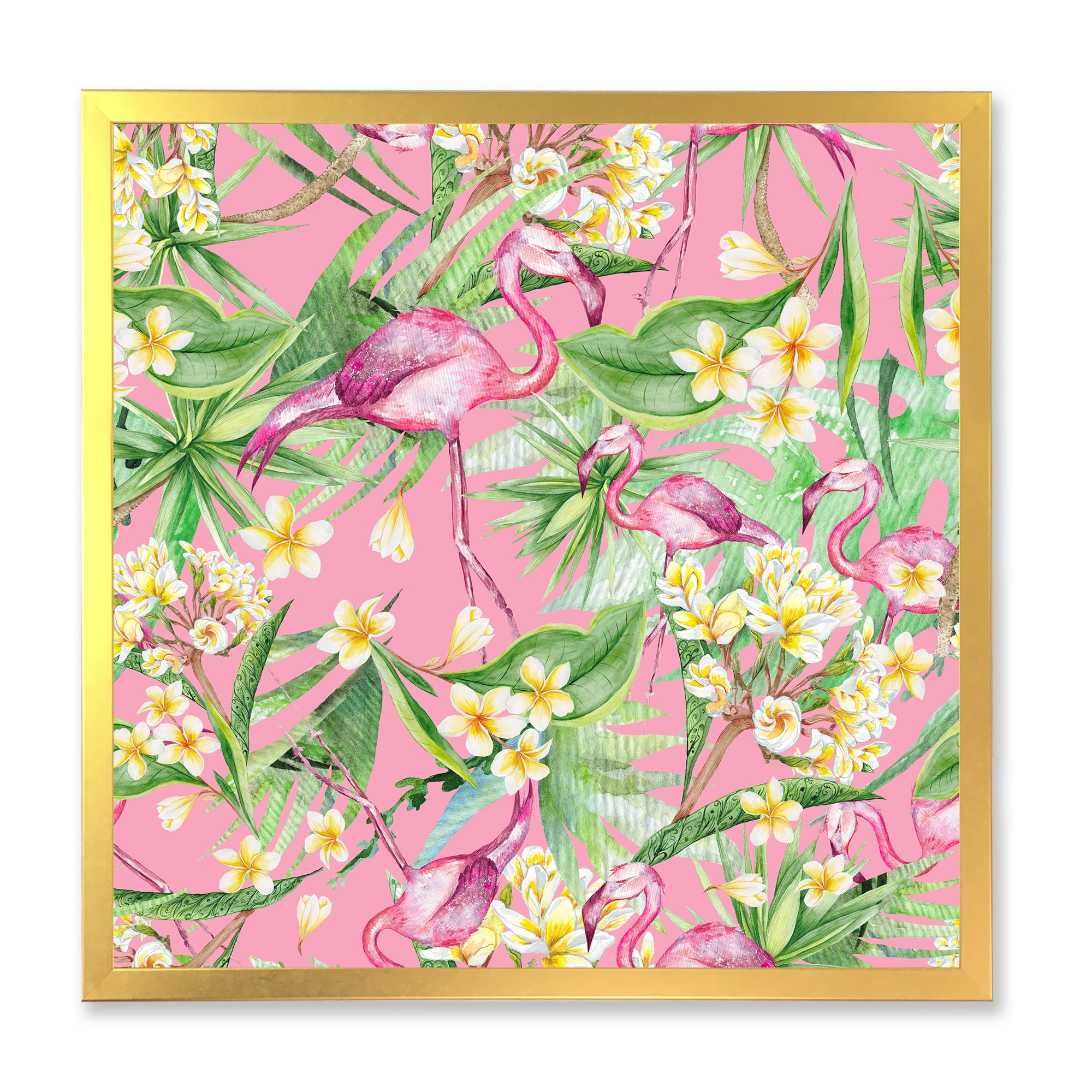 Designart 'Yellow Flowers, Tropical Foliage With Flamingo III' Modern Framed Art Print