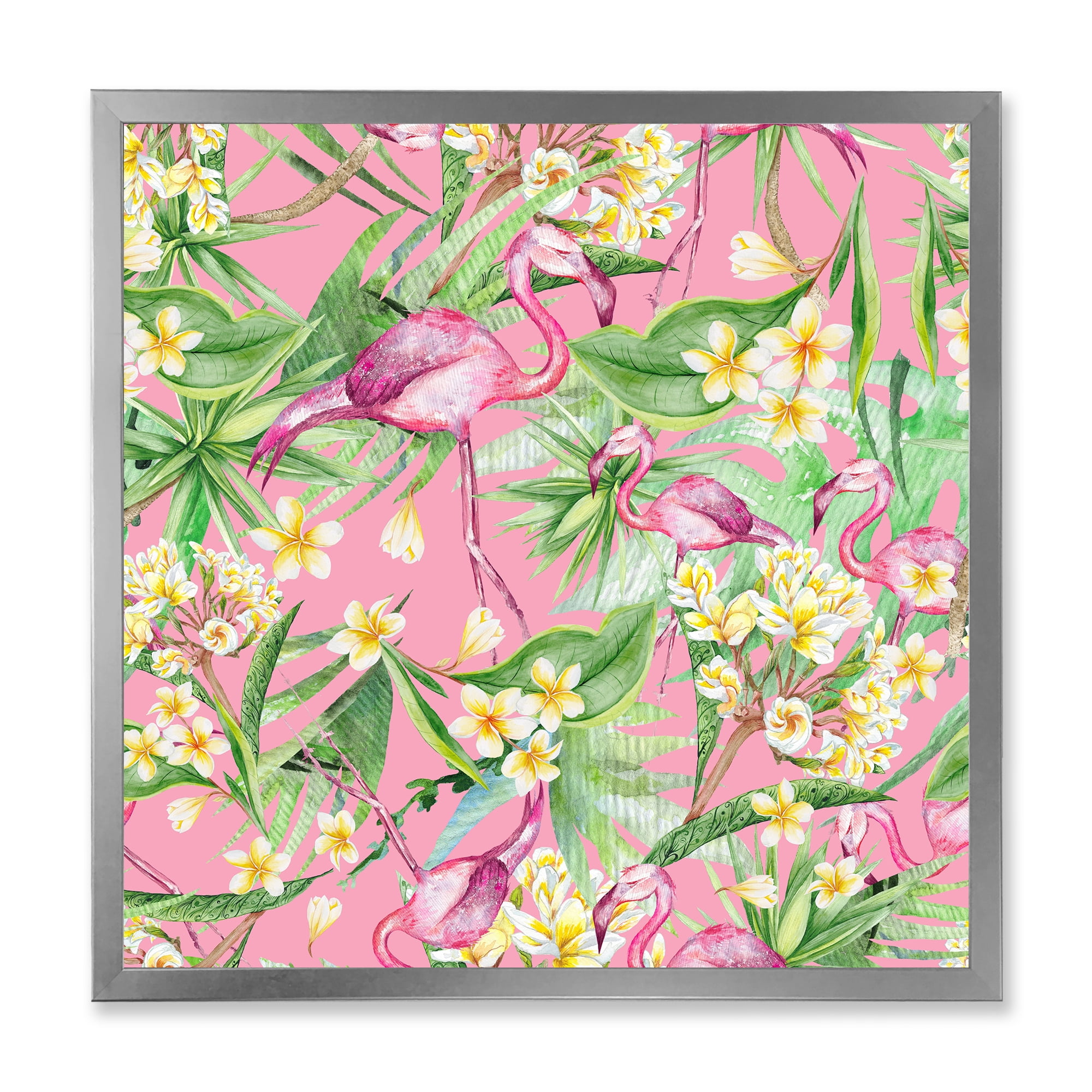 Designart 'Yellow Flowers, Tropical Foliage With Flamingo III' Modern Framed Art Print