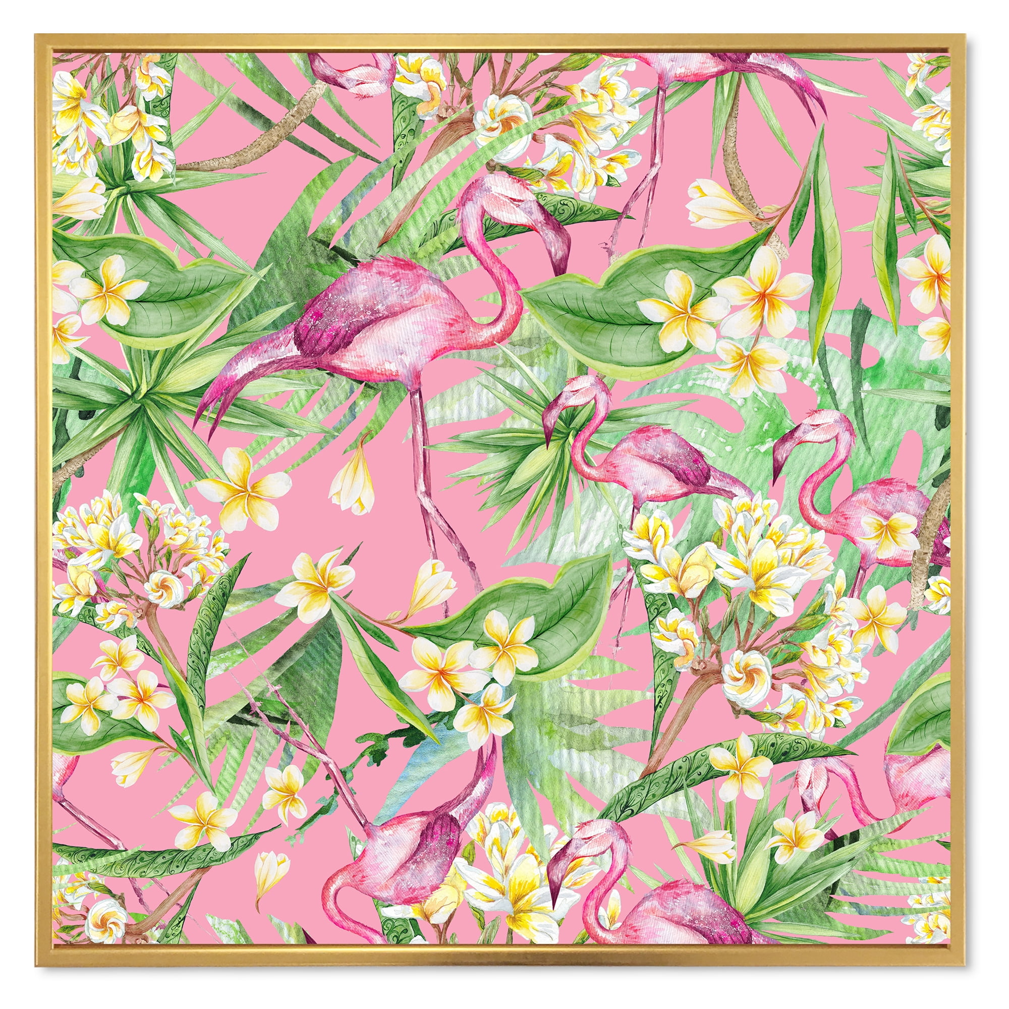 Designart 'Yellow Flowers, Tropical Foliage With Flamingo III' Modern Framed Canvas Wall Art Print