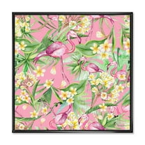 Designart 'Yellow Flowers, Tropical Foliage With Flamingo III' Modern Framed Canvas Wall Art Print