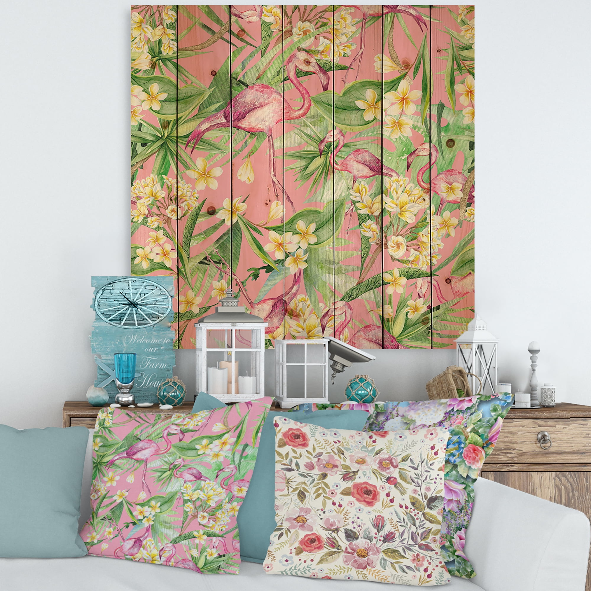 Designart 'Yellow Flowers, Tropical Foliage With Flamingo III' Modern Print on Natural Pine Wood