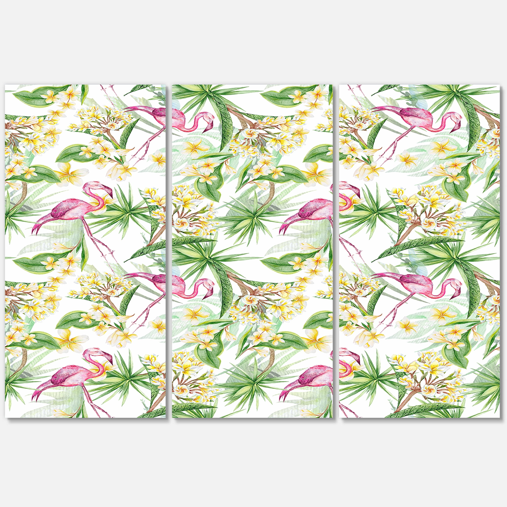 Designart ' Yellow Flowers, Tropical Foliage With Flamingo IV ' Modern Canvas Wall Art Print