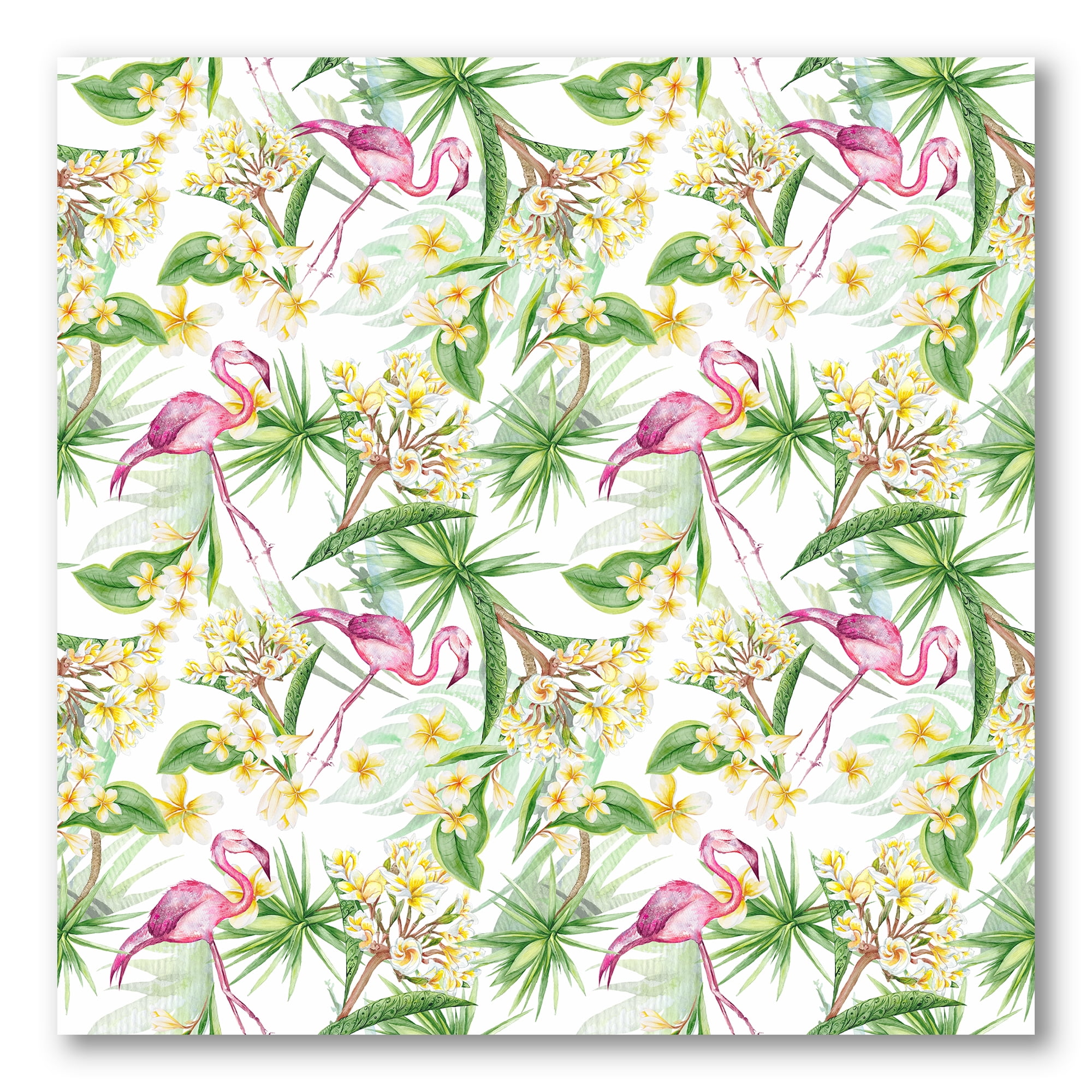 Designart ' Yellow Flowers, Tropical Foliage With Flamingo IV ' Modern Canvas Wall Art Print