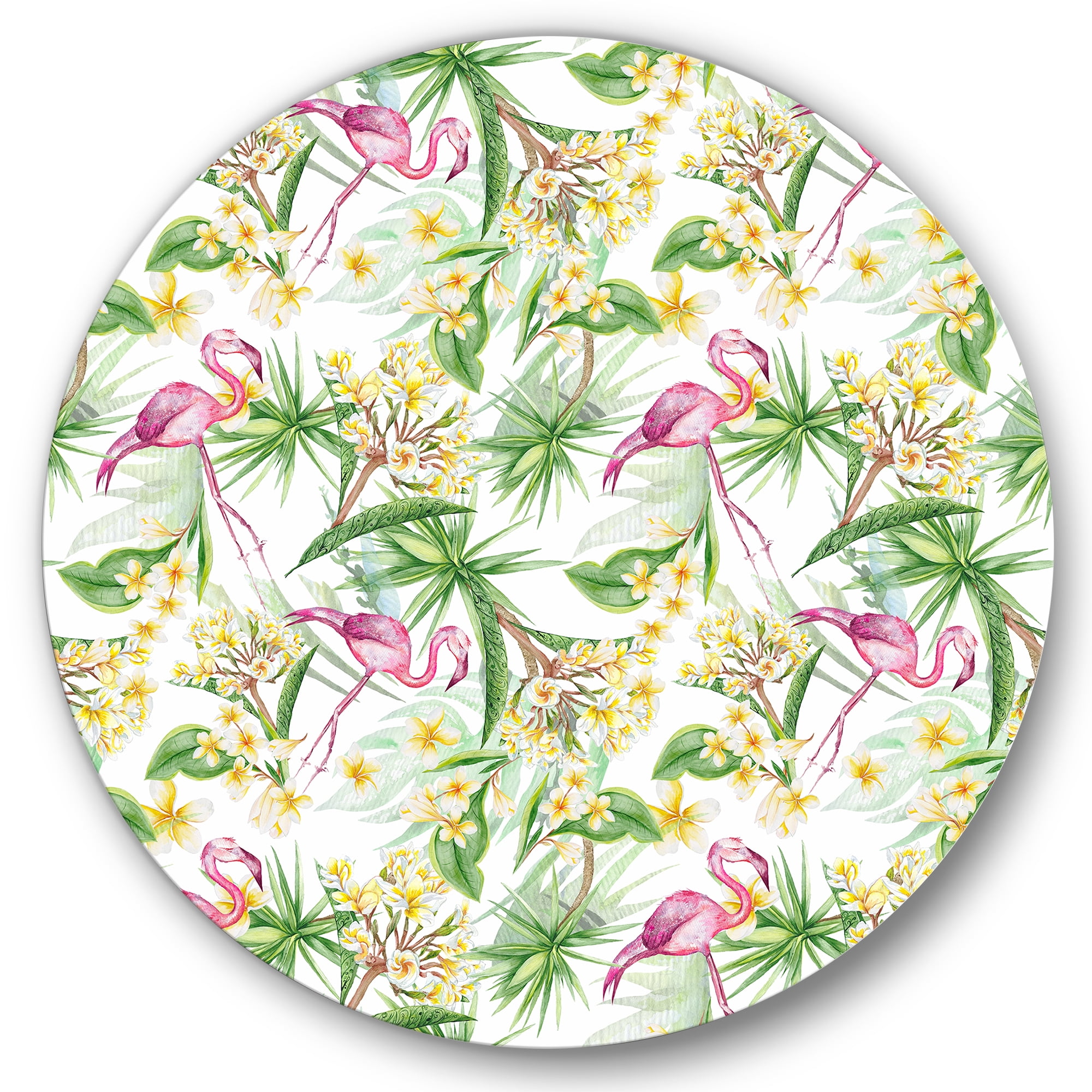 Designart 'Yellow Flowers, Tropical Foliage With Flamingo IV' Modern Circle Metal Wall Art 29x29 - Disc of 29