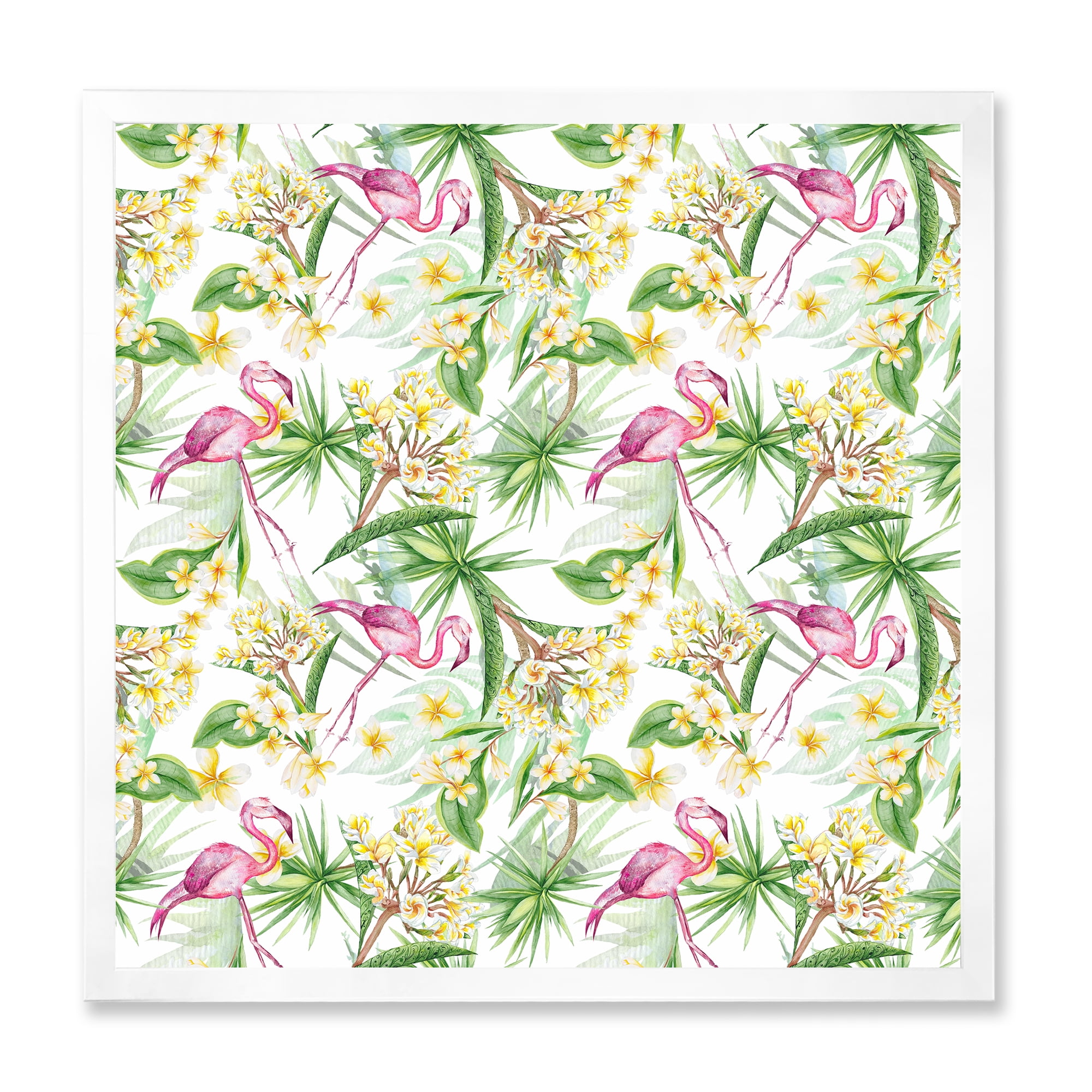 Designart 'Yellow Flowers, Tropical Foliage With Flamingo IV' Modern Framed Art Print