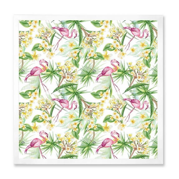 Designart 'Yellow Flowers, Tropical Foliage With Flamingo IV' Modern Framed Art Print