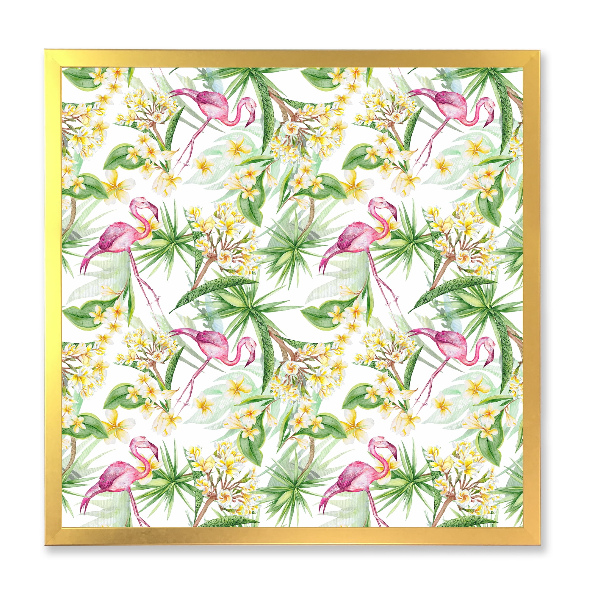Designart 'Yellow Flowers, Tropical Foliage With Flamingo IV' Modern Framed Art Print