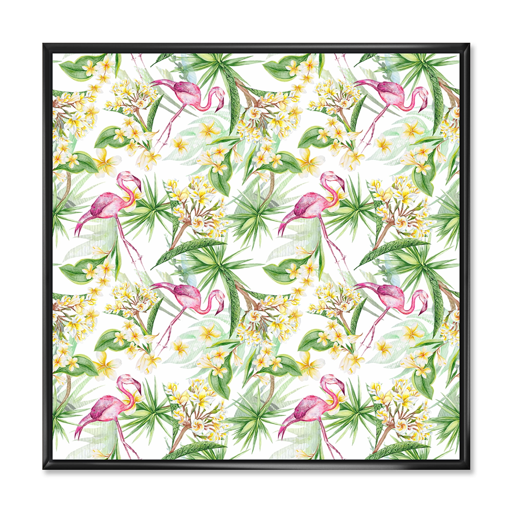Designart 'Yellow Flowers, Tropical Foliage With Flamingo IV' Modern Framed Canvas Wall Art Print