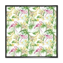Designart 'Yellow Flowers, Tropical Foliage With Flamingo IV' Modern Framed Canvas Wall Art Print