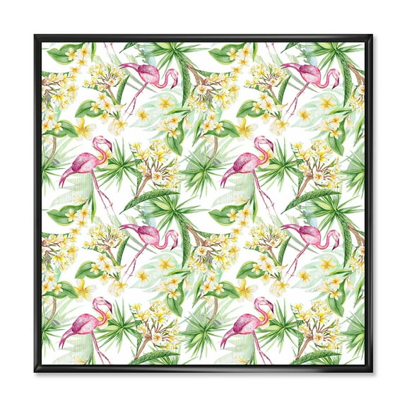 Designart 'Yellow Flowers, Tropical Foliage With Flamingo IV' Modern Framed Canvas Wall Art Print